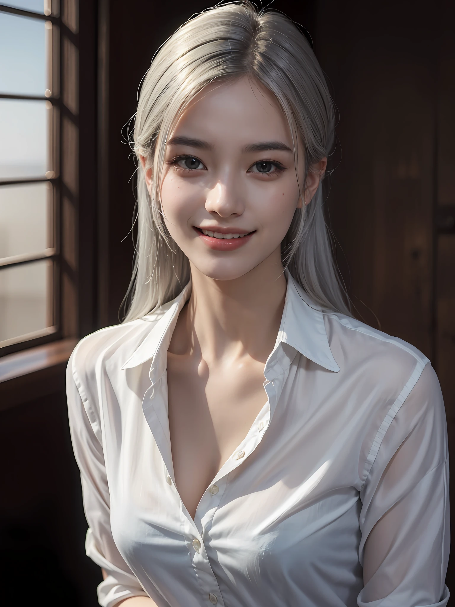 Top Quality, Masterpiece, Ultra High Resolution, (Photorealistic: 1.4), Raw Photo, Shirt, Shirt Button Open, 1 Girl, Silver Hair, Formal Up, Shiny Skin, Dramatic Lighting, (Smile: 1.2), Eyes Up
