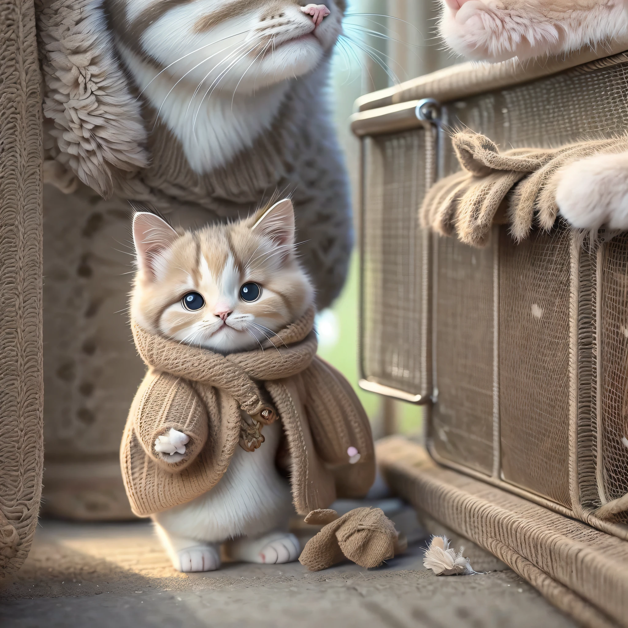 there is a cat that is wearing a jacket on the floor, cute cat, a cute cat, cute cat photo, cute and adorable, kawaii cat, the cutest kitten ever, cute digital art, cute detailed digital art, cute kitten, very beautiful cute catgirl, cute animal, anime visual of a cute cat, adorably cute, adorable digital painting, an adorable kitten