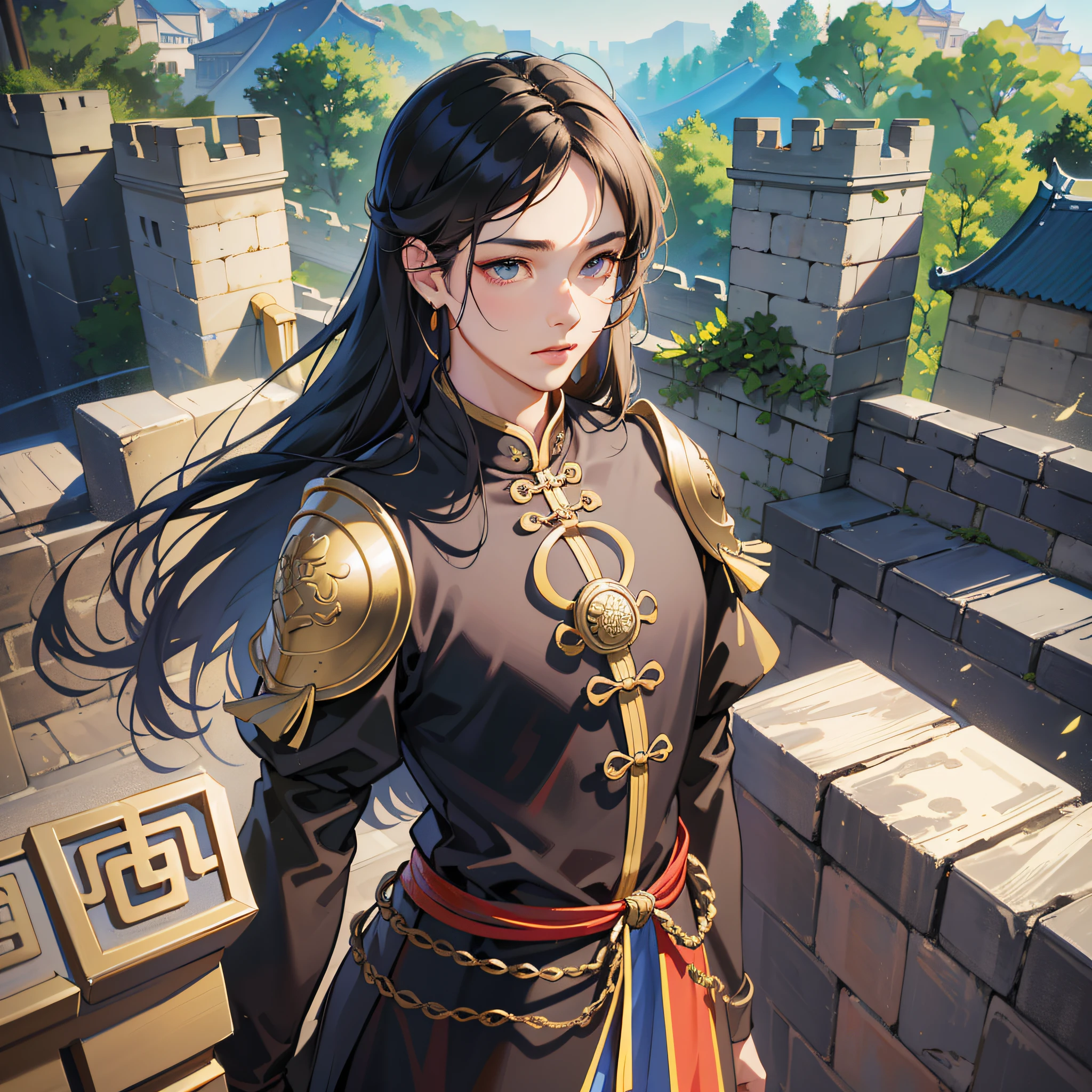 masterpiece, high quality, best quality, beautiful, hd, realistic, perfect lighting, detailed face, detailed body, ((1 man standing on Chinese city wall)),waist sabre, solo, long black hair,, chinese armor, (tang dynasty, ancient china), ancient city wall background,