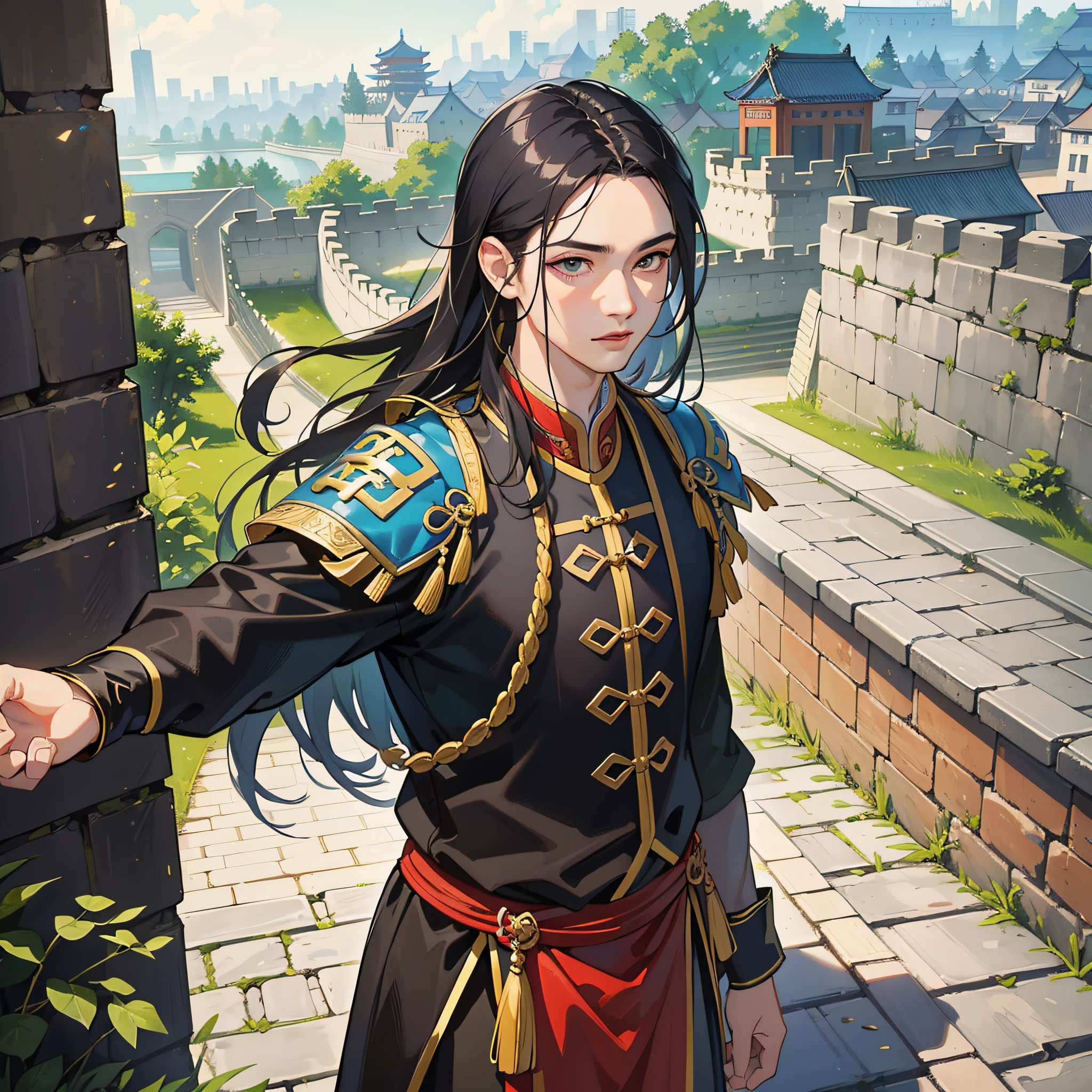 masterpiece, high quality, best quality, beautiful, hd, realistic, perfect lighting, detailed face, detailed body, ((1 man standing on Chinese city wall)),waist sabre, solo, long black hair,, chinese armor, (tang dynasty, ancient china), ancient city wall background,