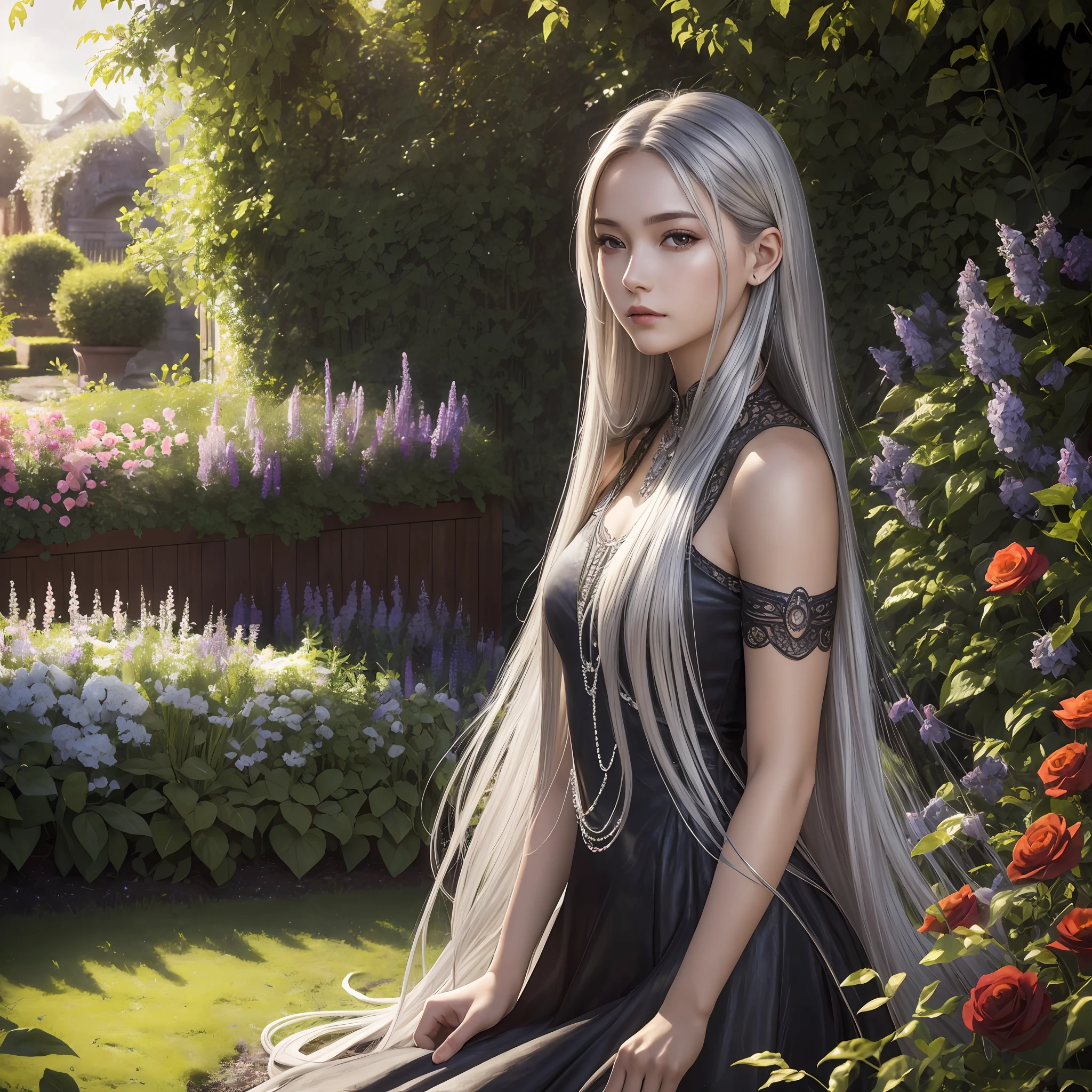 Best quality, masterpiece, ultra high res, (photorealistic:1.4), raw photo, 1girl, long silver hair, shiny skin, dramatic lighting, (garden background:1.2)