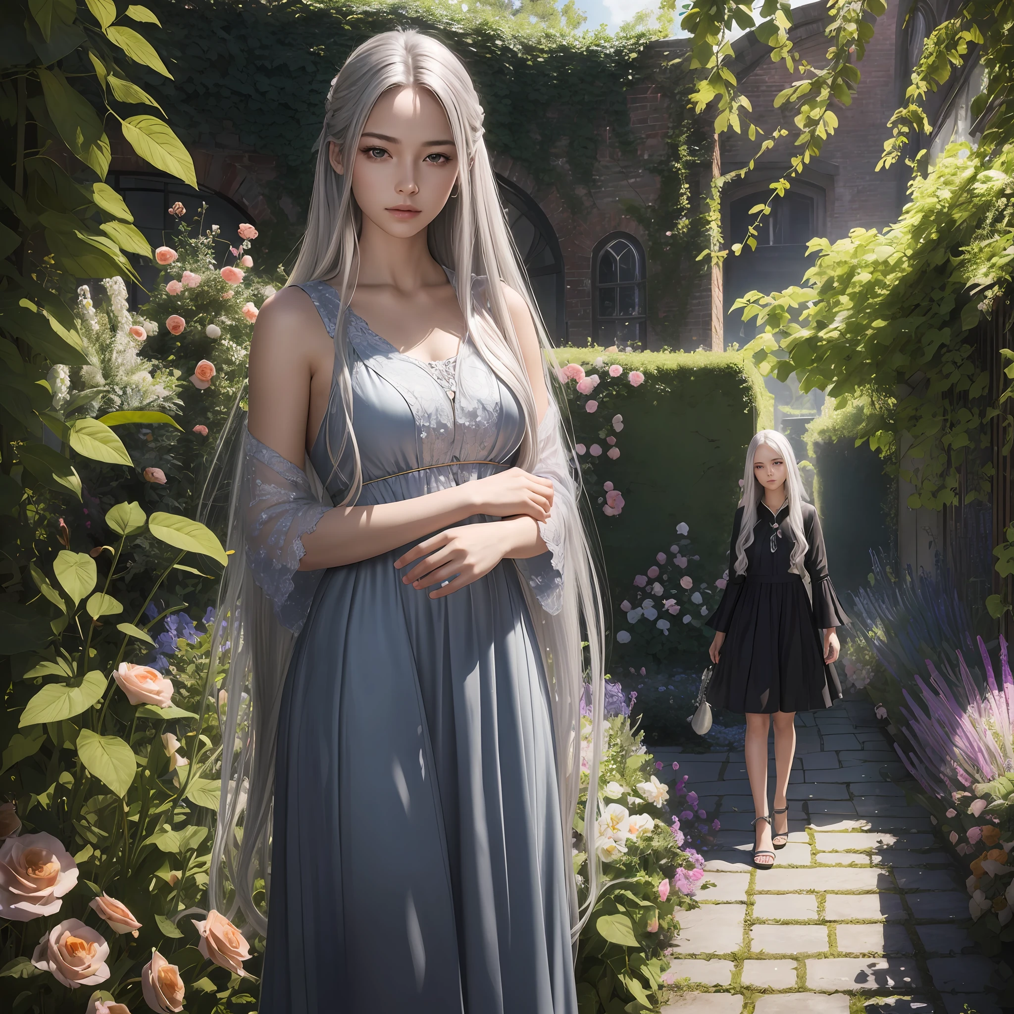 Best quality, masterpiece, ultra high res, (photorealistic:1.4), raw photo, 1girl, long silver hair, shiny skin, dramatic lighting, (garden background:1.2)