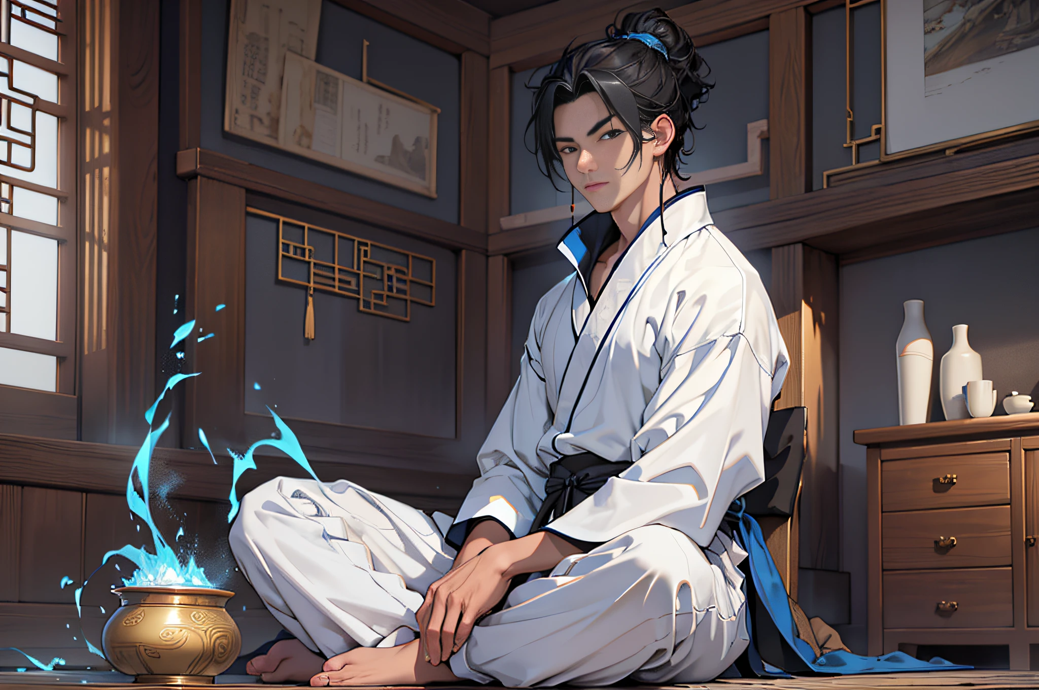Best Quality, Masterpiece, High Resolution, 1boy, Ancient Chinese, 18 years old, short black hair, inside the house, white pajamas, sitting cross-legged, cultivation, practice, elemental mage engulfed by black flame and blue lightning, (black swirl levitation: 0.9) color chaos, gold and ice tones, 4k, 8k. Chinese ancient style. (High Detail Skin: 1.2), 8K UHD, DSLR, Soft Light, High Quality, Volumetric Light, Voyeur, Photo, High Resolution, 4K, 8K.