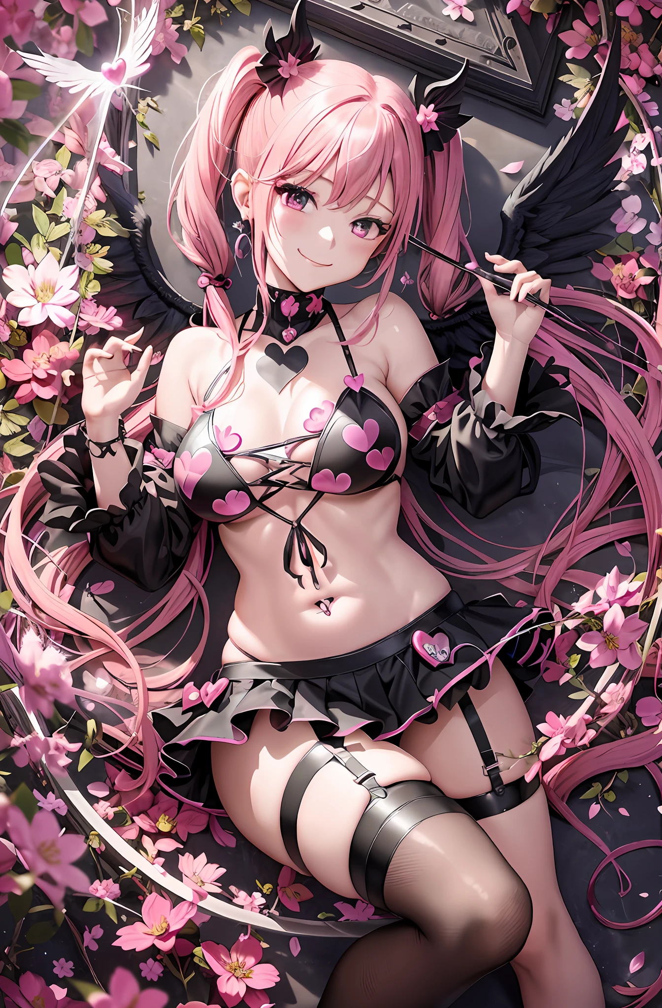 Pink hair. Pigtails. Miniskirt. Earring. Devil's wings. Naked. Fallen angel. Yami Ochi. Evil chi. Devil. Infant. Enchantress. Luminous eyes. Atmosphere. Heart-shaped vacant chest. Kama of the Grim Reaper. Scythe. Heart logo. Smile. Cherry blossom blizzard.