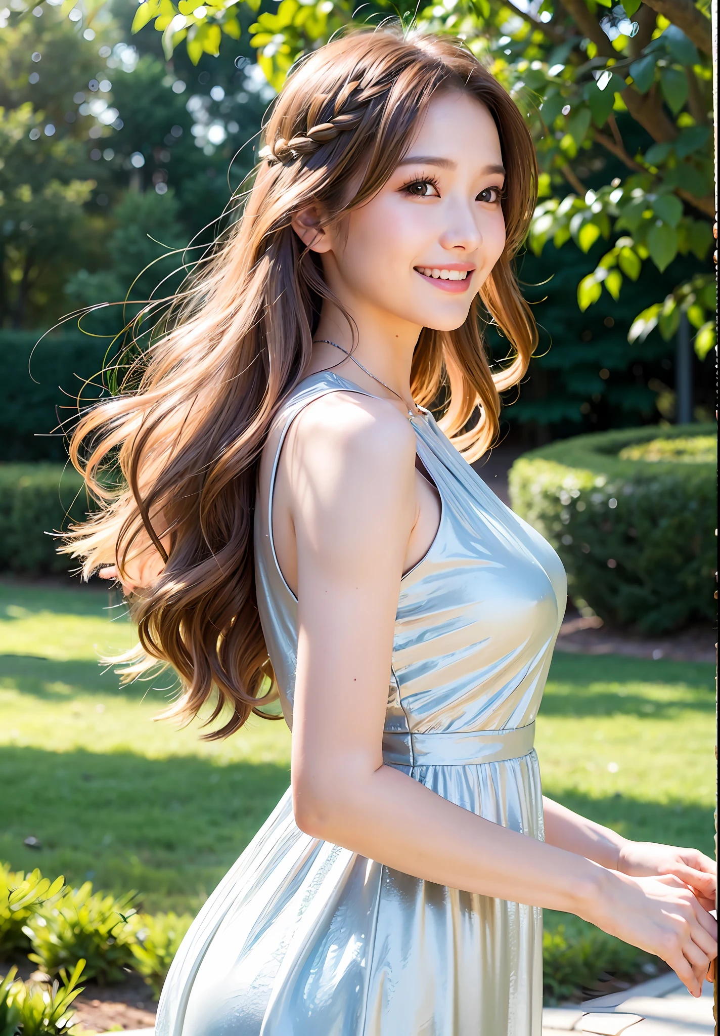 BEST Quality, Face Focus, Soft Light, (Depth of Field), Ultra High Resolution, (Photorealistic:1.4),RAW Photography,Angel,Goddess,Divination,Standing in Mother Nature, 1 Girl, Solo, Beautiful,Pretty, (Shy, Smile:1.1), (Brown Eyes), Natural Face,(Silver Hair)(Long Hair), (Long Pastel Dress:1.2), angels with feathers growing on their backs,