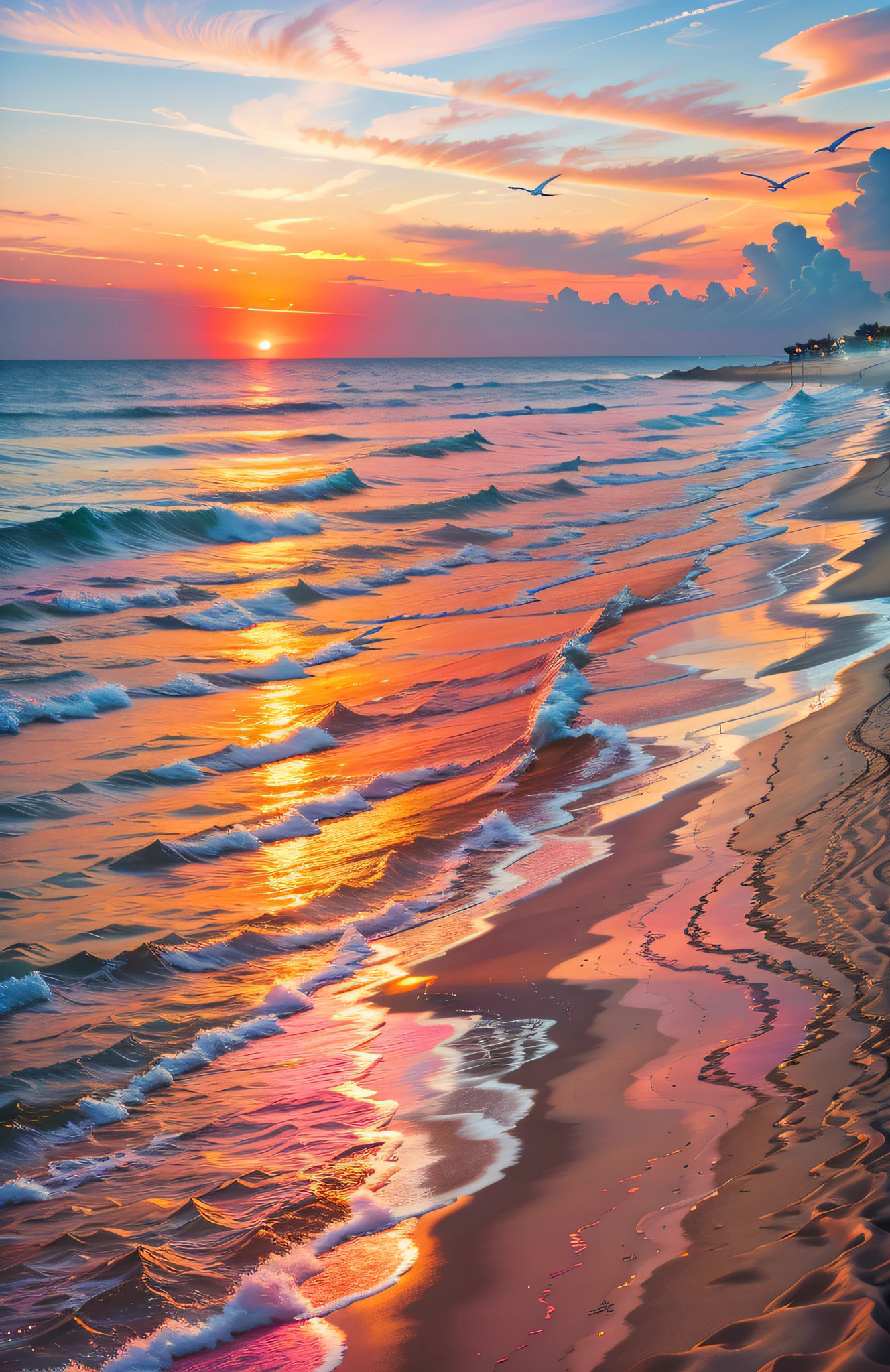 An absolutely mesmerizing sunset on the beach, with a mix of orange, pink, and yellow in the sky. The water is crystal clear, gently kisses the coast, and the white sand is endless. The scene is dynamic and breathtaking, with seagulls soaring high in the sky and palm trees swaying softly. Immerse yourself in the calm atmosphere and let the serenity surround you.