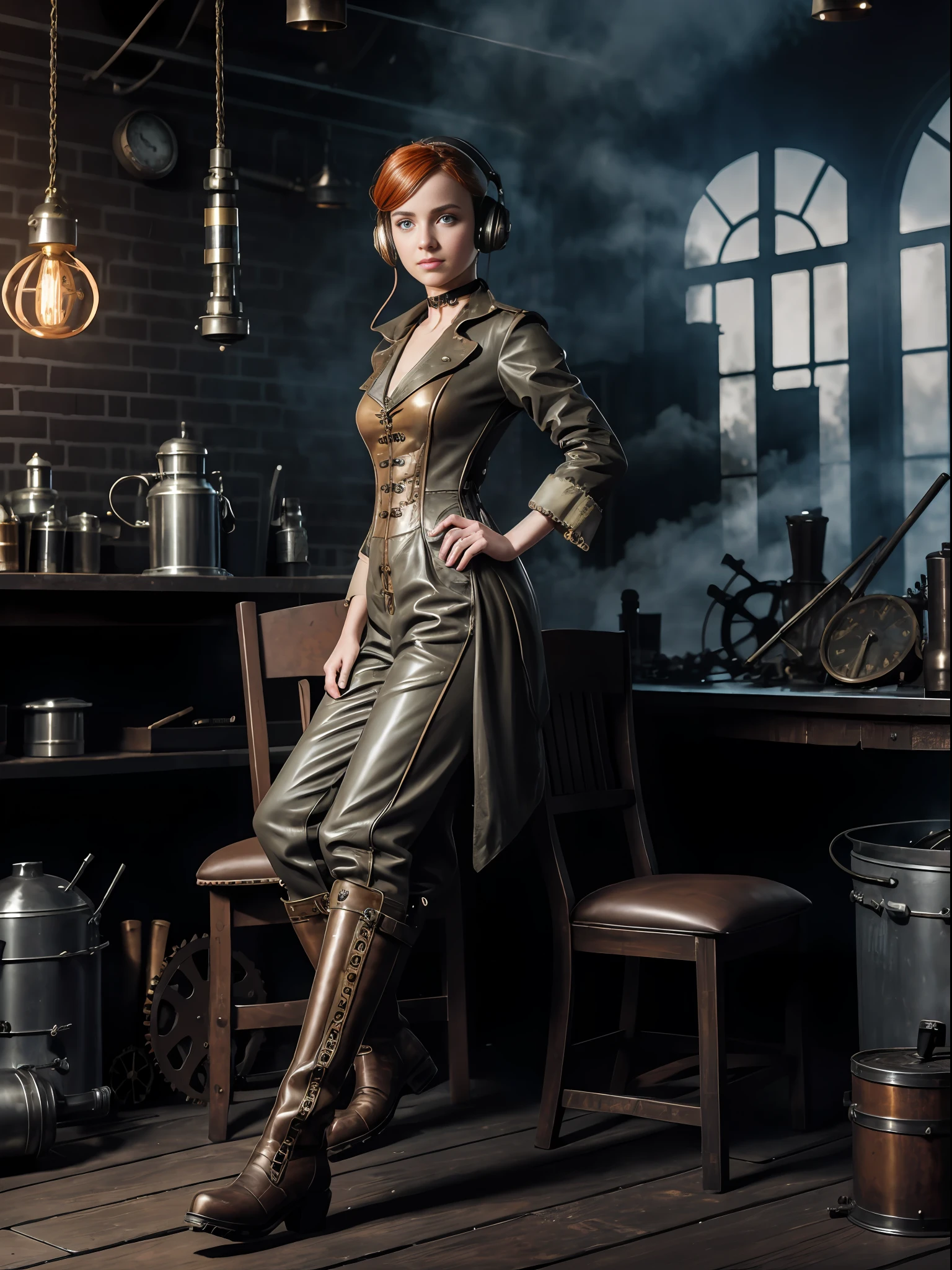 hyper photorealism, perfect anatomy, realistic character, very high contrast lighting, cinematic lighting, dramatic lighting, profile, shot from the back, shot from below, (((a girl on a chair is repairing a machine in the steamy smoky workshop))), (a 19 yo girl, (Ana de Armas:0.70), (redhead:1.1)), very cute and smiley, (perfect eyes:1.1), photorealistic wavy hair, a girl in a steampunk jumpsuit in light gray color, intercom headset, steampunk choker, long leather boots, perfect detailed face, detailed symmetric green eyes with circular iris, fixing a steam engine in the steampunk garage filled with steam and smoke, cogs and gears, steamy background with lots of steam pipes and steam valves and pressure gauges and gears, intricate background, very highly detailed costume, very highly detailed background, steampunk fantasy style, steampunk , steampunk aesthetic, steamy,