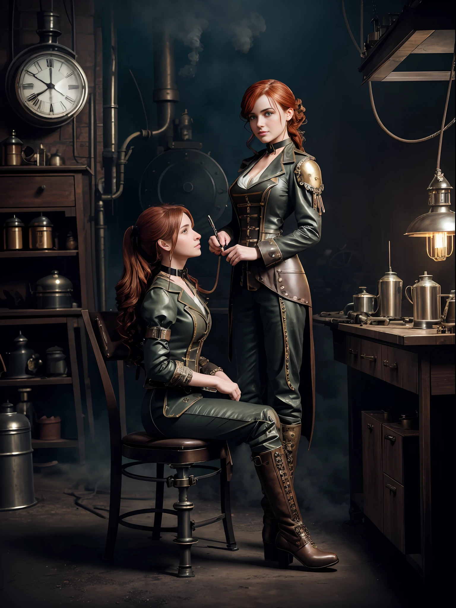 hyper photorealism, perfect anatomy, realistic character, very high contrast lighting, cinematic lighting, dramatic lighting, profile, shot from the back, shot from below, (((a girl on a chair is repairing a machine in the steamy smoky workshop))), (a 19 yo girl, (Ana de Armas:0.70), (redhead:1.1)), very cute and smiley, (perfect eyes:1.1), photorealistic wavy hair, a girl in a steampunk jumpsuit in light gray color, intercom headset, steampunk choker, long leather boots, perfect detailed face, detailed symmetric green eyes with circular iris, fixing a steam engine in the steampunk garage filled with steam and smoke, cogs and gears, steamy background with lots of steam pipes and steam valves and pressure gauges and gears, intricate background, very highly detailed costume, very highly detailed background, steampunk fantasy style, steampunk , steampunk aesthetic, steamy,