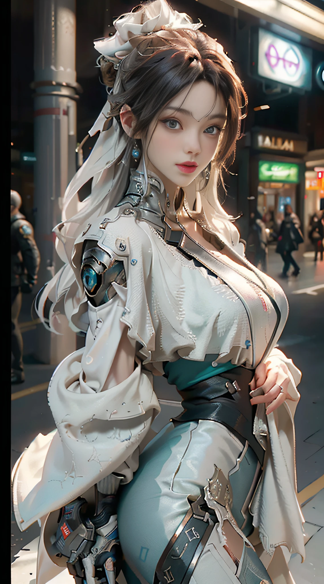 (Best Quality), (Masterpiece), (Detail: 1.4), 3D, A Beautiful Cyberpunk Woman, Big Breasts, Street Photography, Shopping Mall, HDR (High Dynamic Range), Ray Tracing, NVIDIA RTX, Super-Resolution, Unreal 5, Subsurface Scattering, PBR Textures, Post Processing, Anisotropic Filtering, Depth of Field, Maximum Sharpness and Sharpness, Multi-layer Textures, Albedo and Highlight Maps, Surface Shading, Accurate simulation of light-material interactions, perfect proportions, Octane Render, two-color light, large aperture, low ISO, white balance, rule of thirds, 8K RAW,