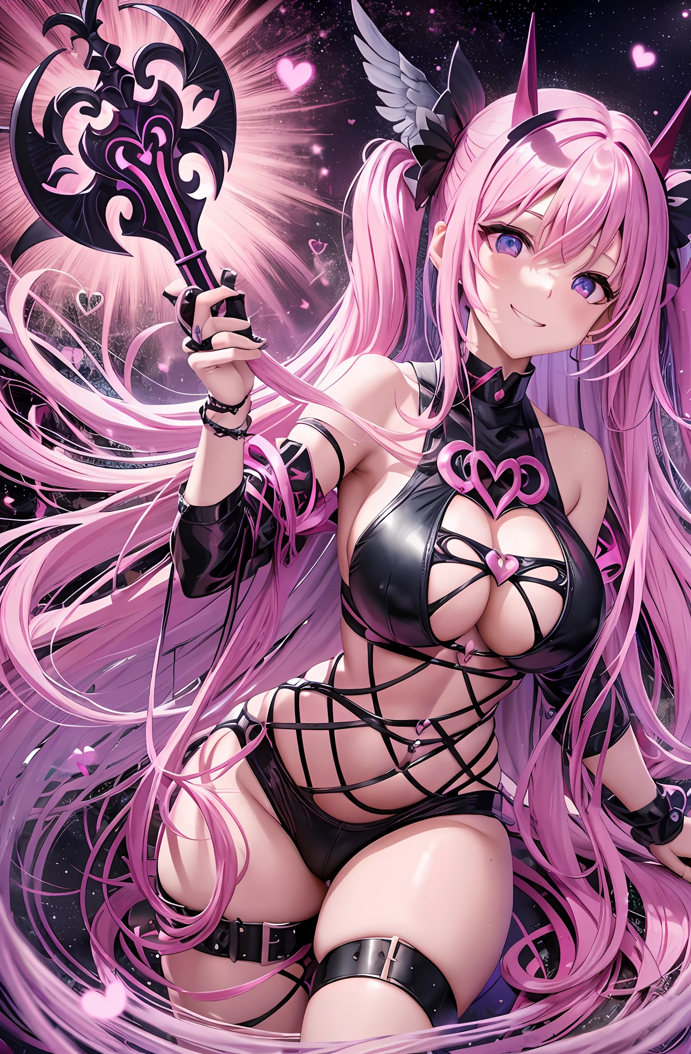 Pink hair. Pigtails. Miniskirt. Earring. Devil's wings. Naked. Fallen angel. Yami Ochi. Evil chi. Devil. Infant. Enchantress. Luminous eyes. Universe. Heart-shaped vacant chest. Kama of the Grim Reaper. Scythe. Heart logo. A big smile. Large Kama weapons.