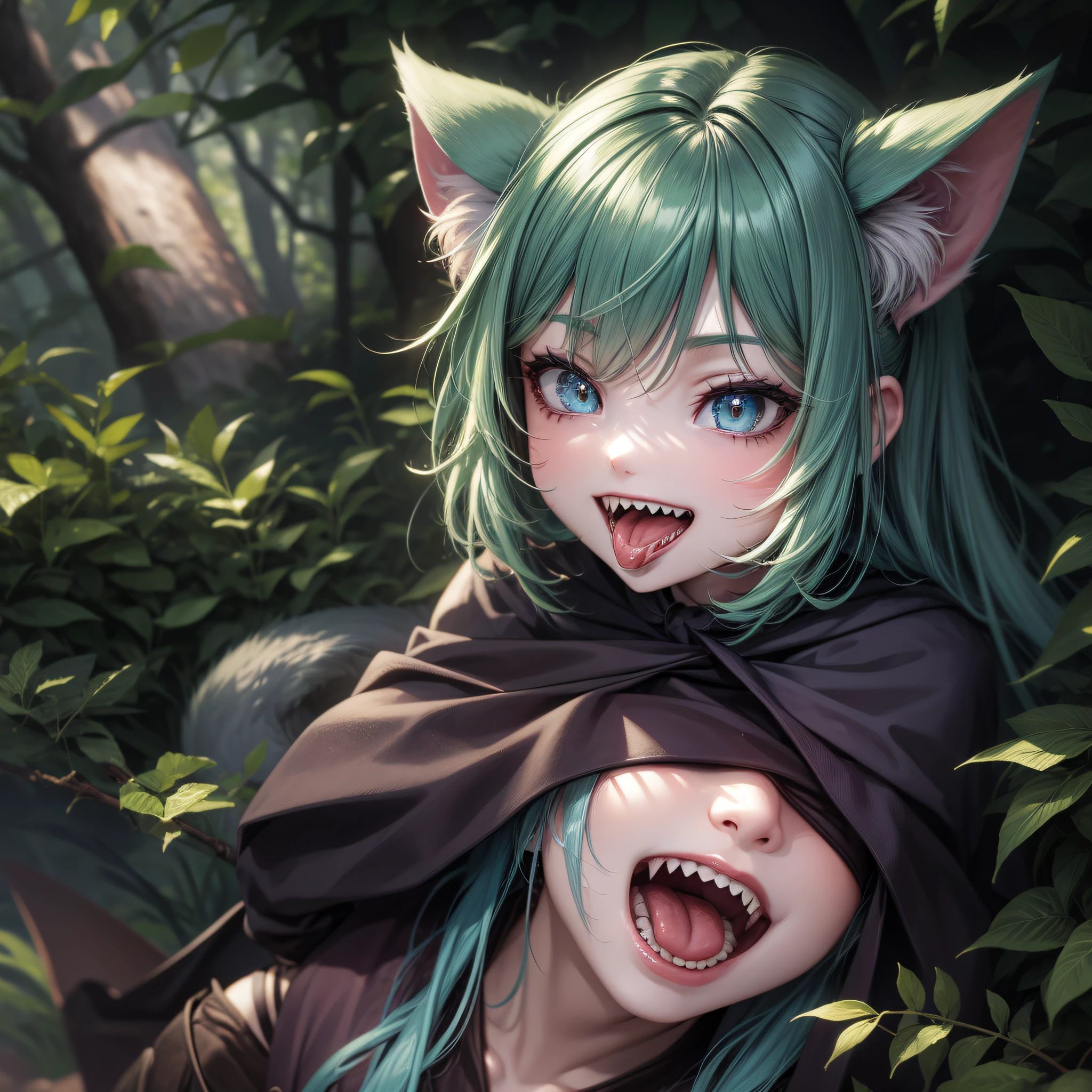1girl, monster_girl, cat eyes, sharp teeth, big chests, forest, lying on the grass, laughed, tongue out, tied