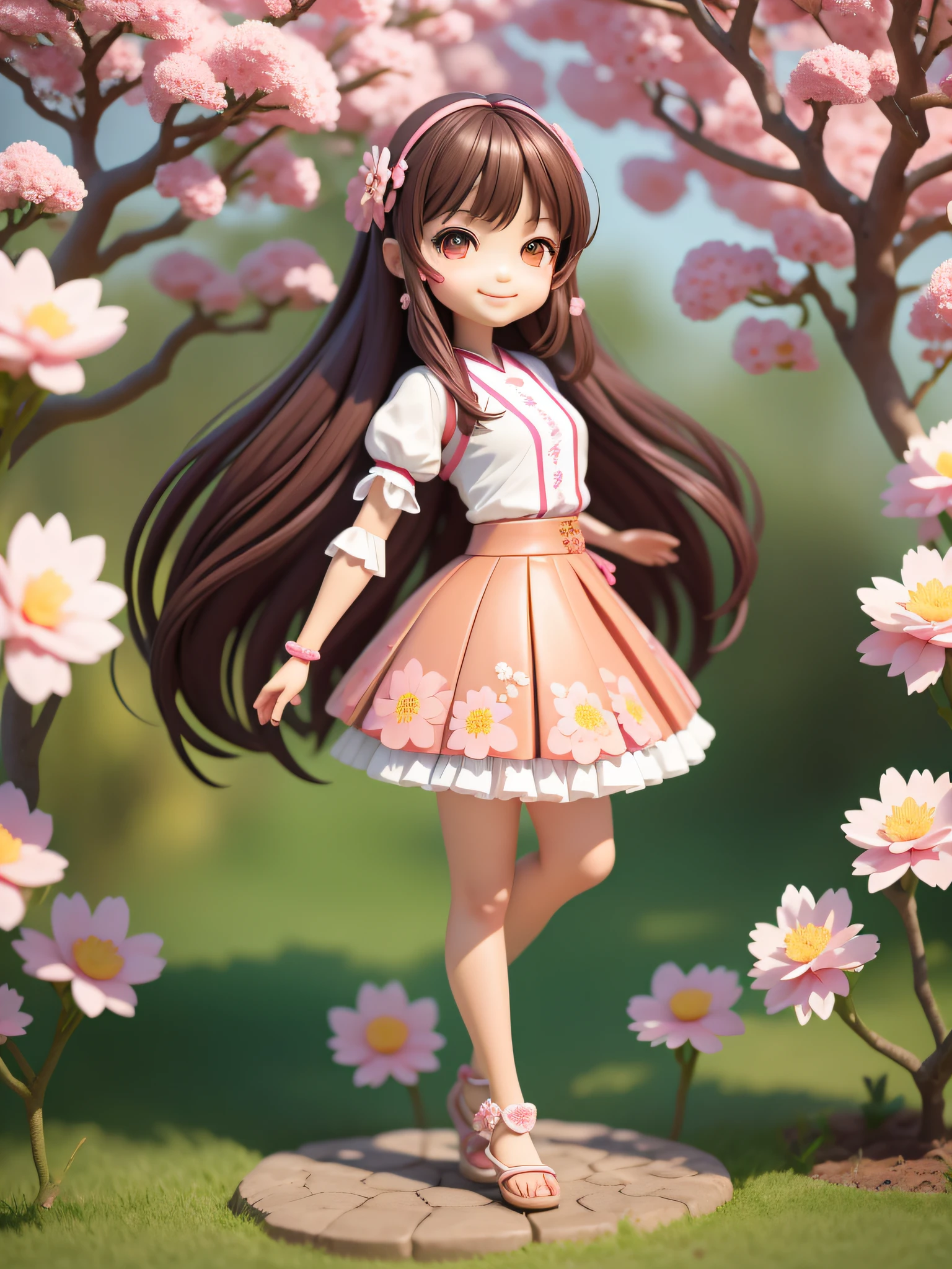 (Daisaku), (Excellent), (Super Detailed), (Full Body: 1.2), 1girl, Chibi, Cute, Smile, Flower, Outdoor, Garden, Dancing, Long Legs, Blush, Tree, :3, Long Hair, Cherry Blossoms, Misty, Brown Hair, Blush Sticker, Skirt, Bangs, Black Hair, Pink Flower, (Beautiful and Delicate Face), (Beautiful and Delicate Eyes),