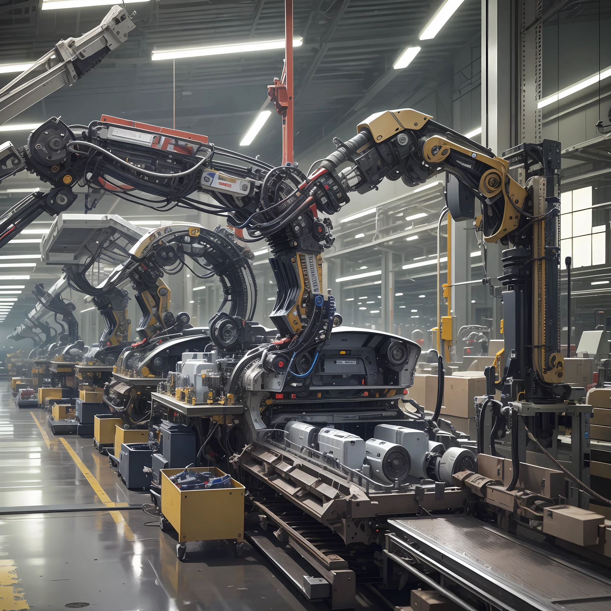 car manufacturing plant, assembly line, robotic arm, technology, live action, ultra hd, high detail, high quality, best quality, 8k --auto --s2