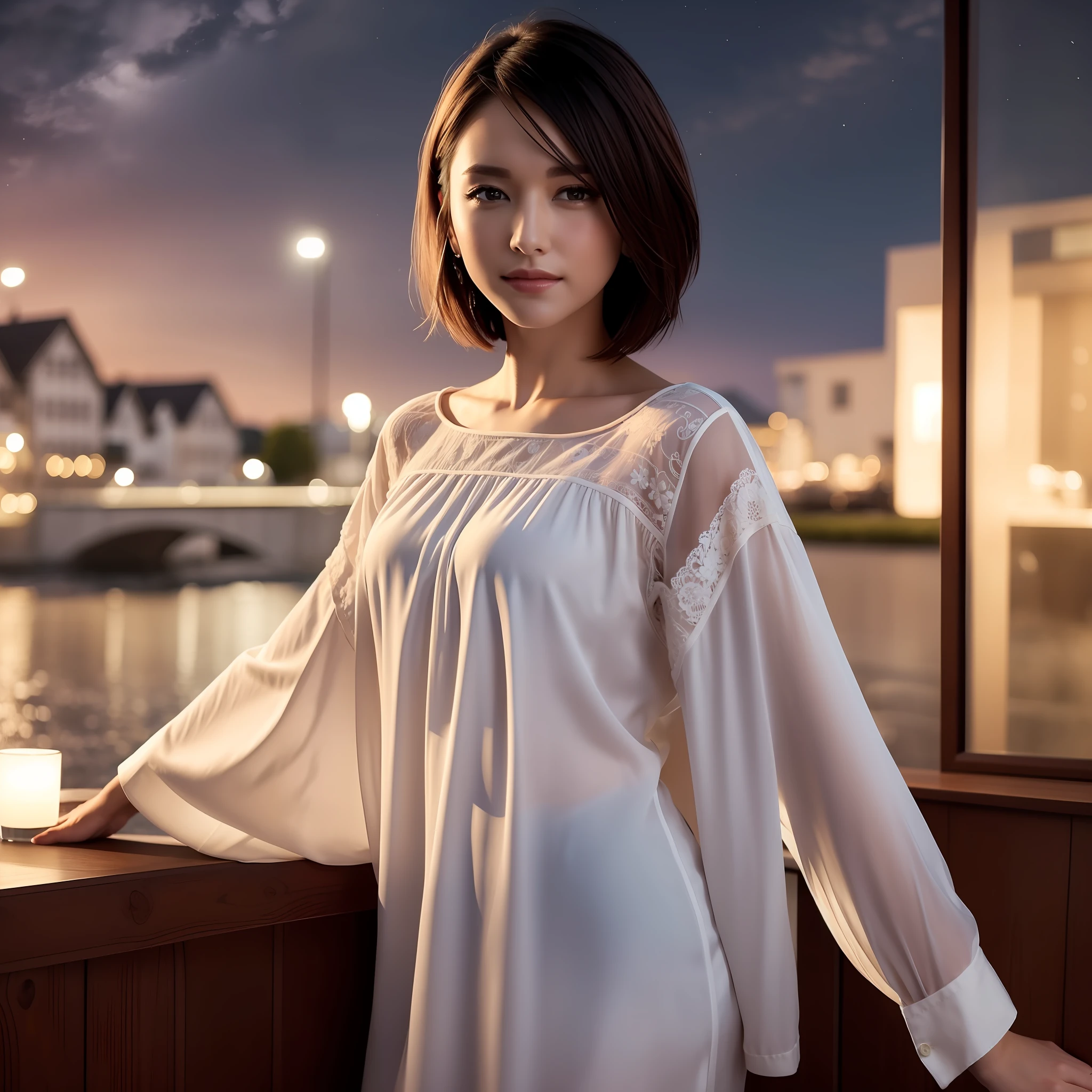 (8k, top quality, masterpiece: 1.2), (realistic, photorealistic: 1.37), super detailed, ((1 girl))), solo, beautiful detailed sky, detailed café, night, date, (blush), (smile: 1.15), small breasts, beautiful fine eyes, (shirt: 1.1), night, wet, rain, white lace, (short hair: 1.2), floating hairNovaFrogStyleStand, Sexy, Cute