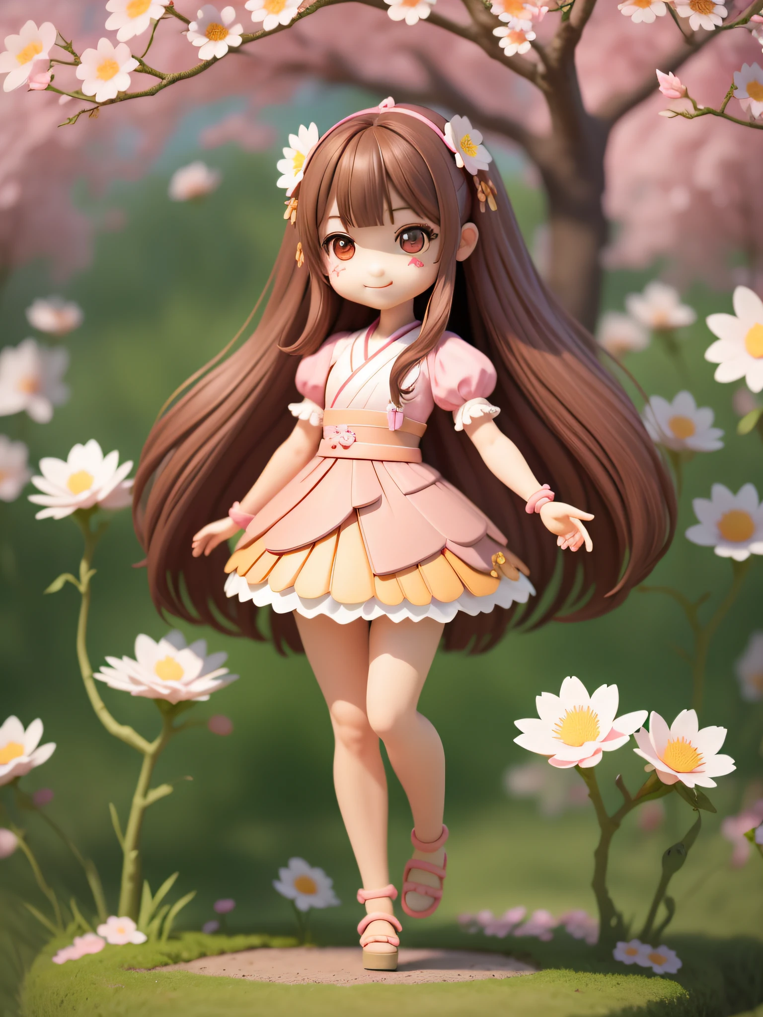 (Daisaku), (Excellent), (Super Detailed), (Full Body: 1.2), 1girl, Chibi, Cute, Smile, Flower, Outdoor, Garden, Dancing, Long Legs, Blush, Tree, :3, Long Hair, Cherry Blossoms, Misty, Brown Hair, Blush Sticker, Skirt, Bangs, Black Hair, Pink Flower, (Beautiful and Delicate Face), (Beautiful and Delicate Eyes),