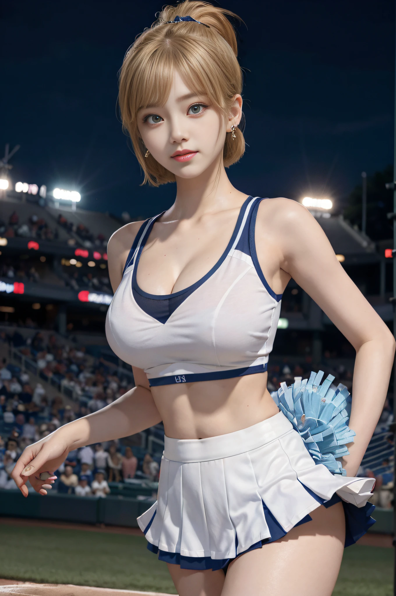 17 year old cool Korean, big round breasts, cleavage, cheerleader, baseball team cheerleader, skirt, beautiful eyes in detail, eyelashes, beautiful double eyelids, eyeshadow, slit eyes, perfect eye makeup, seductive smile, beautiful thin legs, bright blonde, bob cut, ponytail, various hairstyles, earrings, stand at the baseball stadium at night, night
