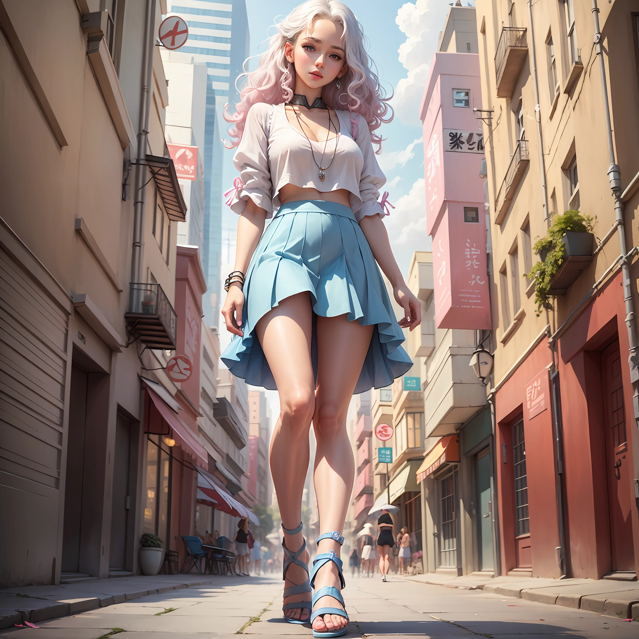beautiful girl, veela, slim, short, blue eyes, white curly hair, pink lips, fair skin, blue skirt, stylish modern clothes, silver sandals, city, city street, anime --auto --s2