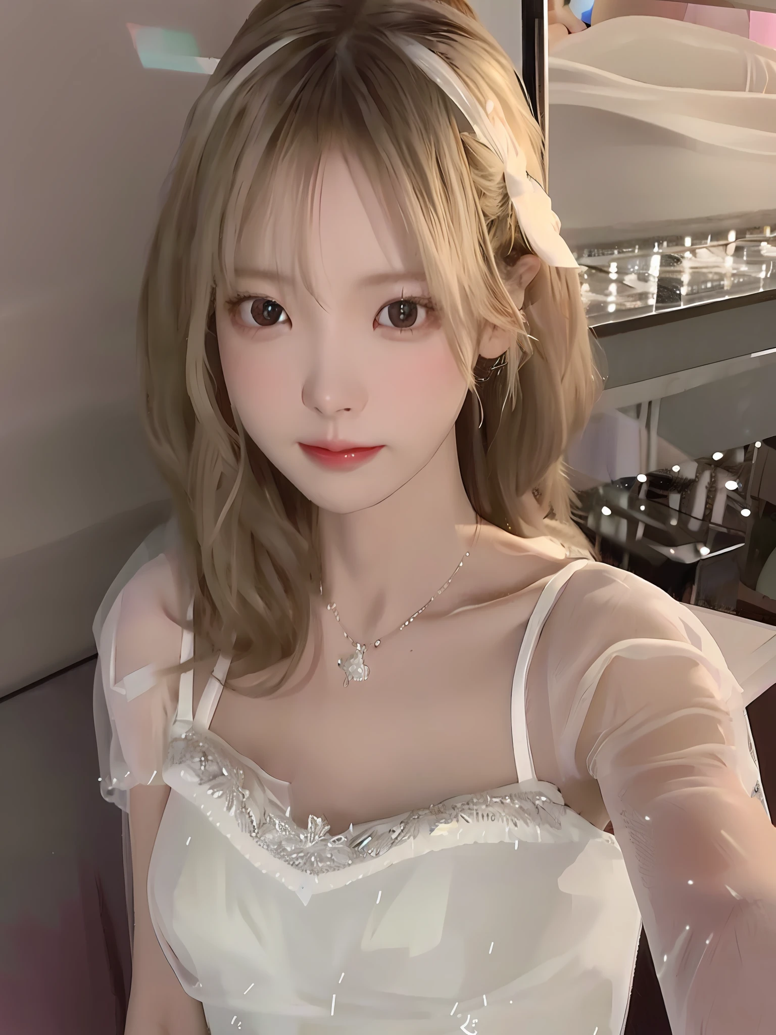 Bunny girl posing for photo in white dress, transparent dress, smiling