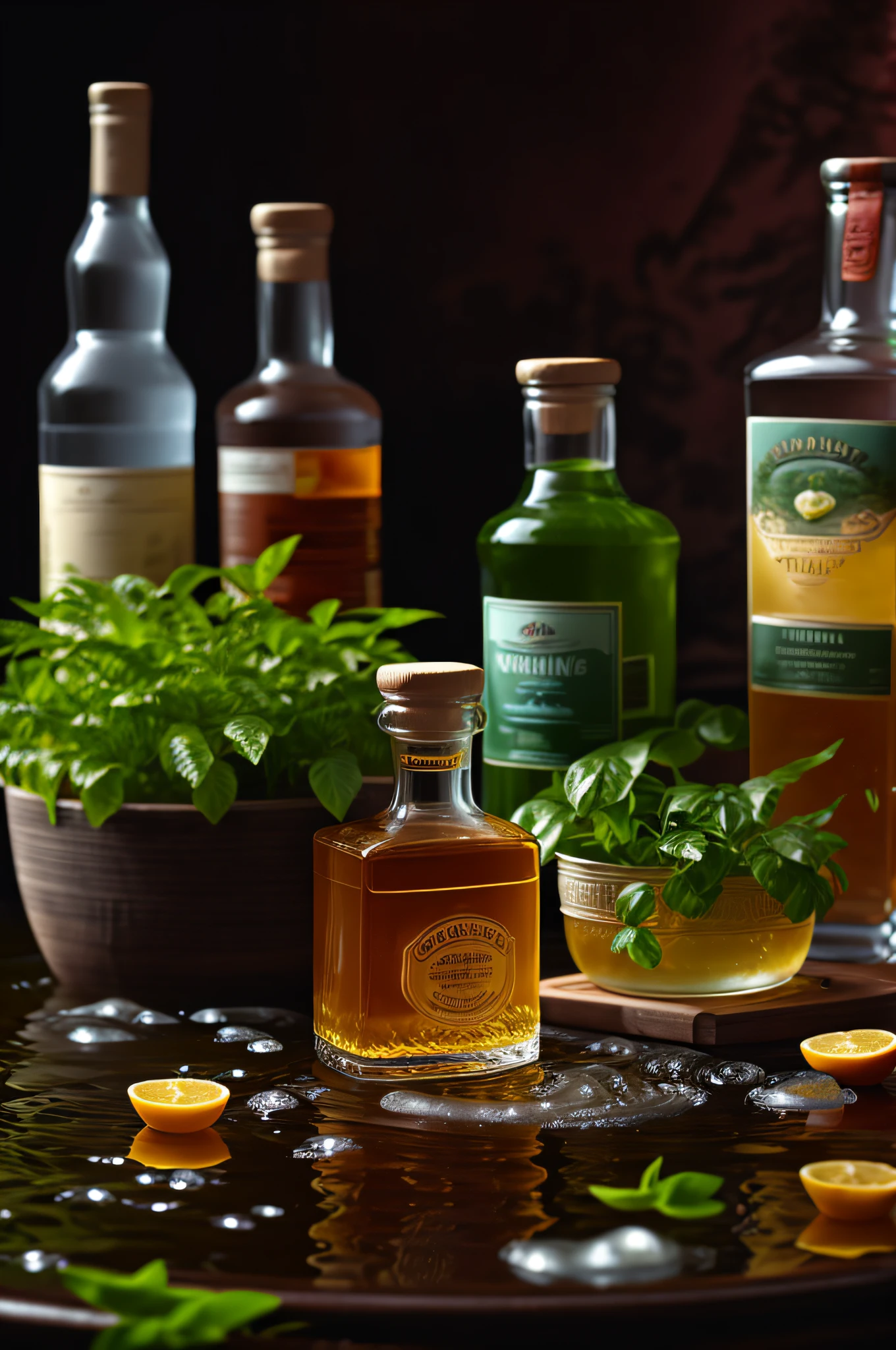 A Luming brand liquor product picture, in the river scene, there are water splashes, water ripples and green plants, retaining the color of the bottle, sunlight, natural lighting, soft light, blazing yellow, colorful embellishments, product photography, commercial photography, realistic and realistic, intricate details, 32K picture quality, telephoto lens, Sony lens, high quality
