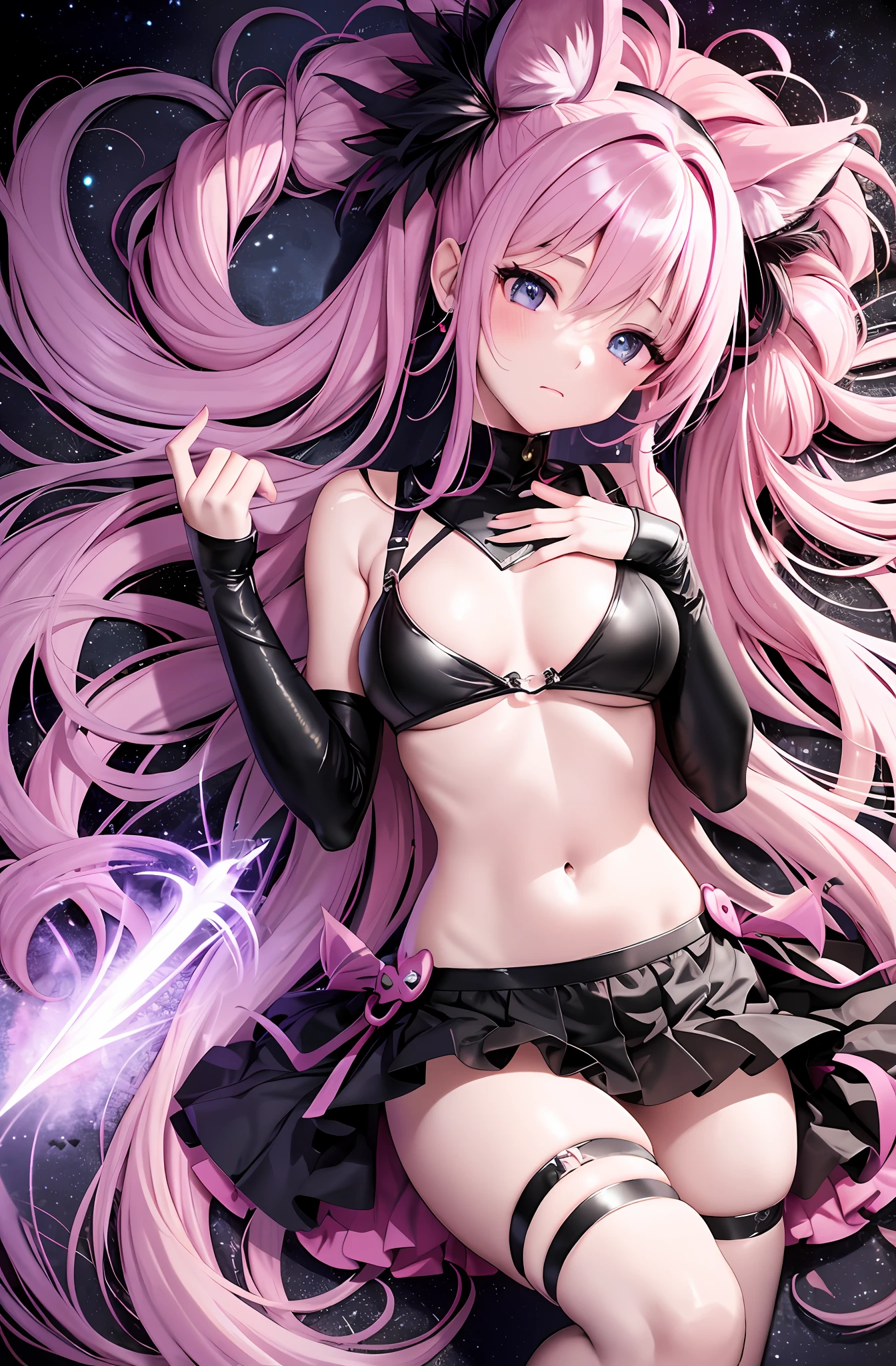 Pink hair. Pigtails. Miniskirt. Earring. Devil's wings. Naked. Fallen angel. Yami Ochi. Evil chi. Devil. Infant. Enchantress. Luminous eyes. Universe. Heart-shaped vacant chest. Kama of the Grim Reaper. Scythe. Heart logo. Close your eyes and kiss. Large Kama weapons. Blush. The devil's tail. Close one’s eyes.