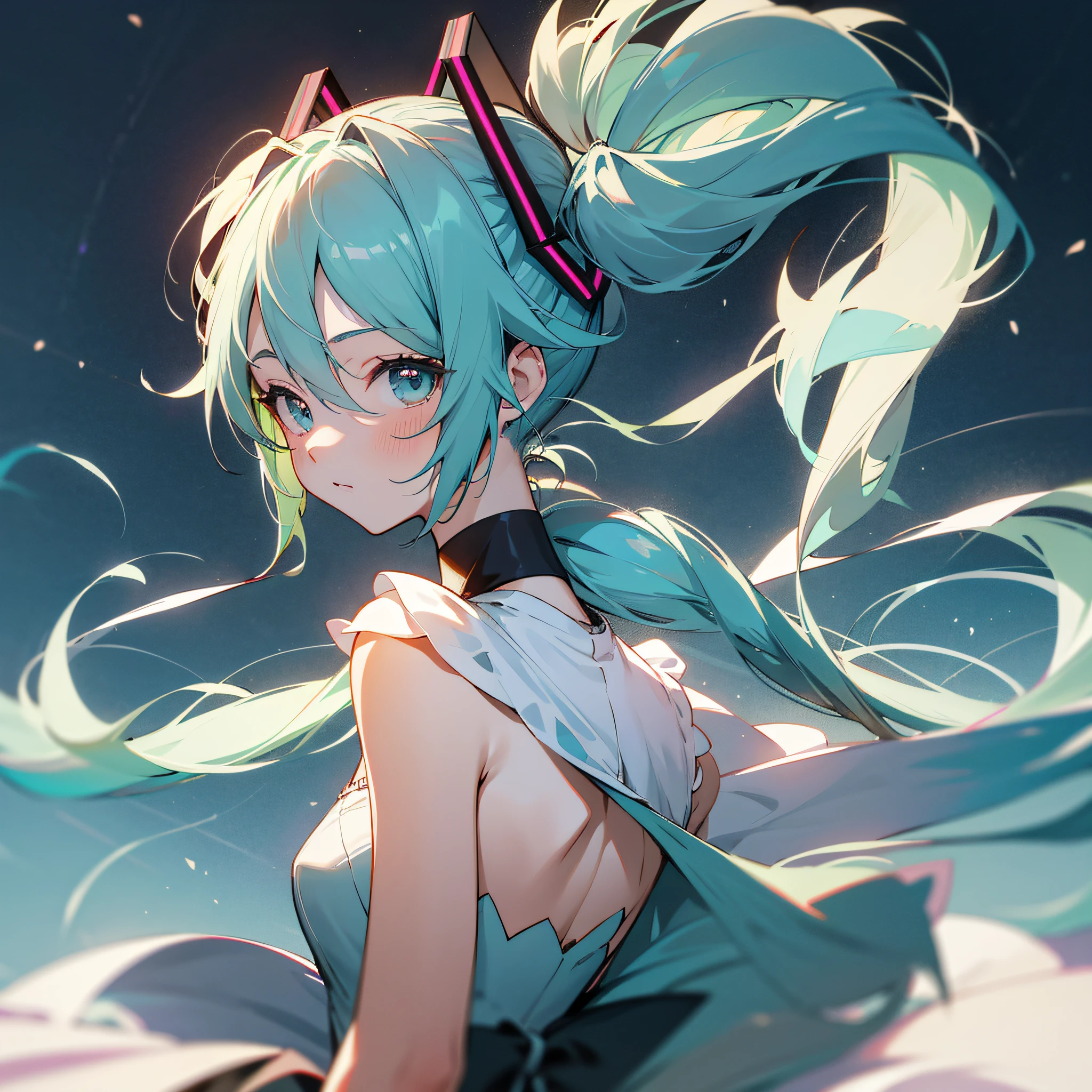 Hatsune Miku, Super Clear Picture Quality, Double Ponytail, Stage, White Evening Dress Masterpiece, Top Quality Double Ponytail Double Ponytail Double Ponytail, Turn your head to look at the top masterpiece on the left rear side