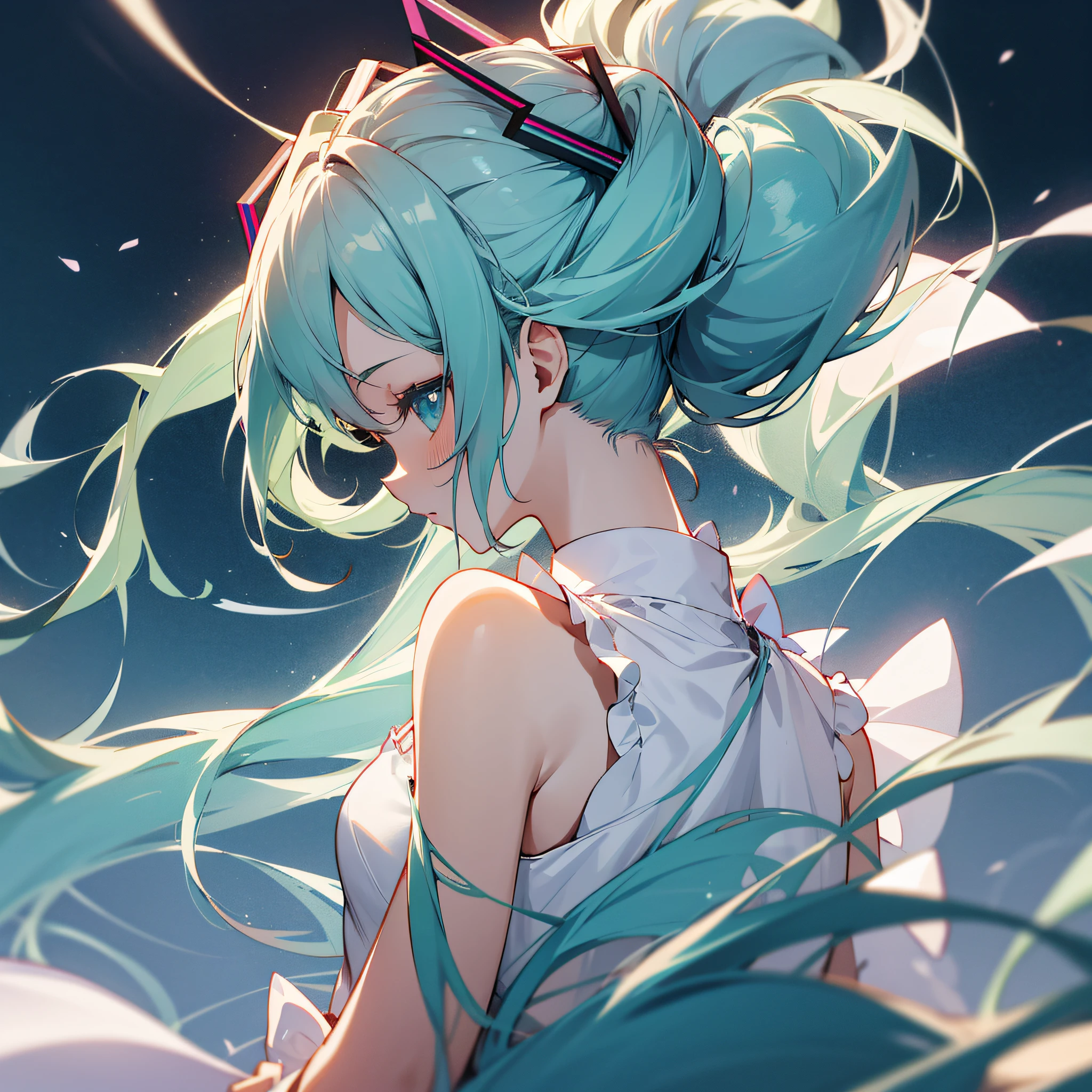 Hatsune Miku, Super Clear Picture Quality, Double Ponytail, Stage, White Evening Dress Masterpiece, Top Quality Double Ponytail Double Ponytail Double Ponytail, Turn your head to look at the top masterpiece on the left rear side