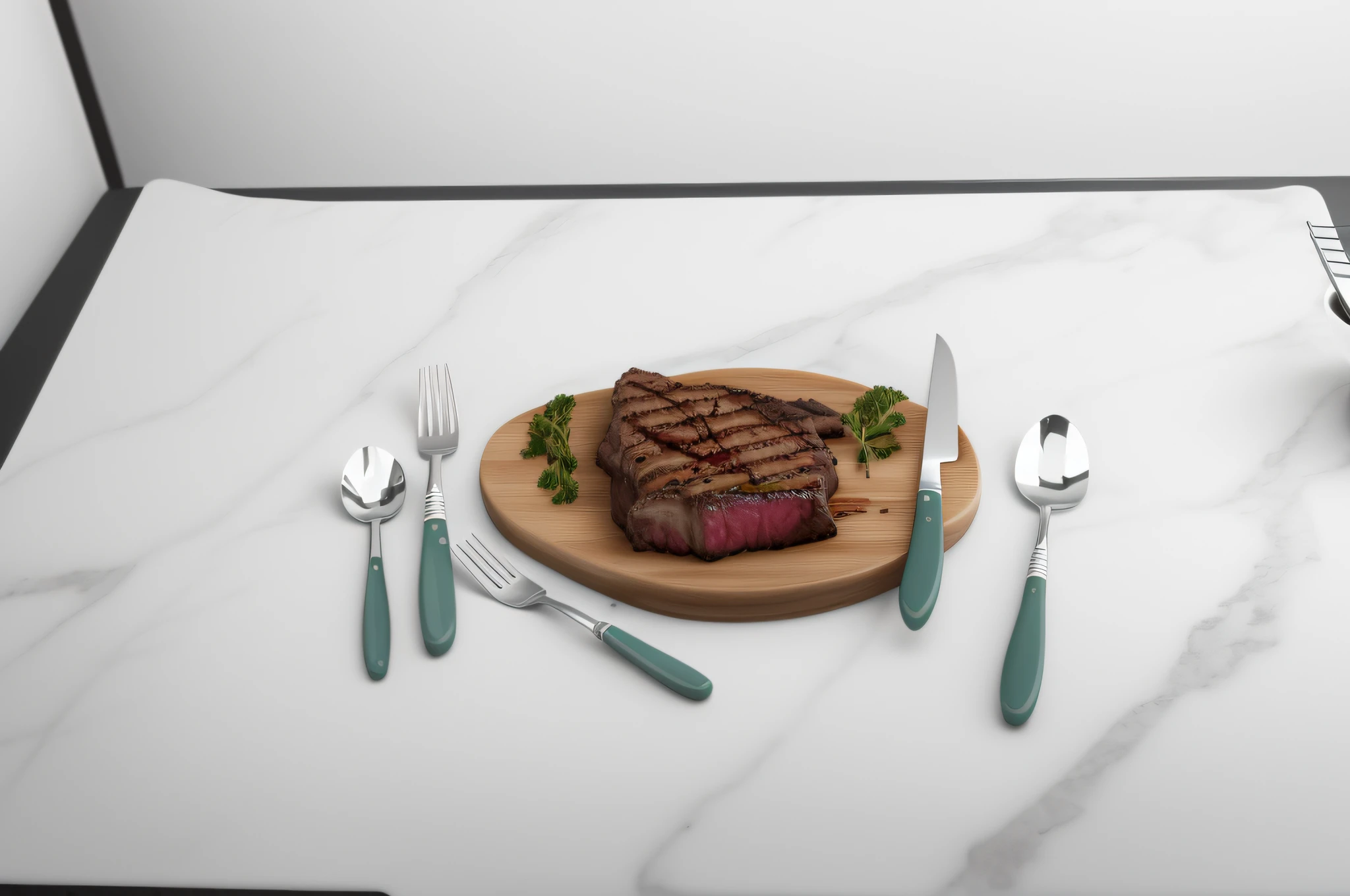 there is a steak on a cutting board with a knife, fork and knife rest, scenic full shot, steak, cutlery, full subject shown in photo, sleek hands, dinner is served, elegant look, fine dining, ready to eat, dramatic shot, looks realistic, very sharp, bone, forks, product photo, seen from straight above, giorgio, gourmet