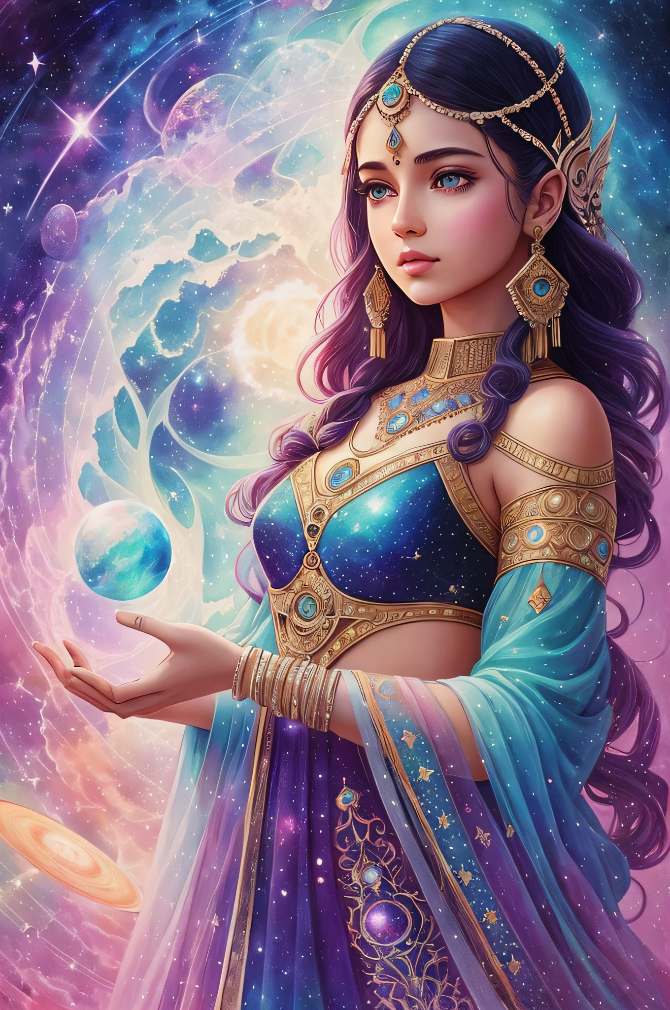 You are the universe experiencing itself., universe fulfilling the body, fantasy, renaissance aesthetic, star trek aesthetic, pastel colors aesthetic, intricate fashion clothing, highly detailed, surrealistic, digital painting, concept art, sharp focus, illustration, indian modern  girl --auto --s2