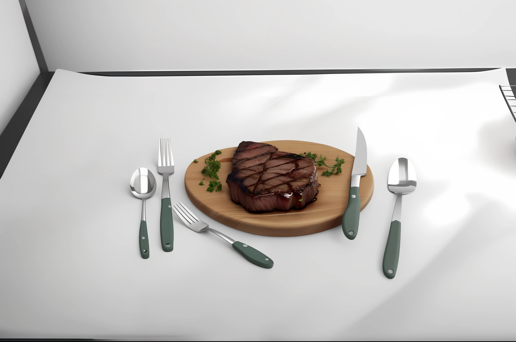 there is a steak on a cutting board with a knife, fork and knife rest, scenic full shot, steak, cutlery, full subject shown in photo, sleek hands, dinner is served, elegant look, fine dining, ready to eat, dramatic shot, looks realistic, very sharp, bone, forks, product photo, seen from straight above, giorgio, gourmet
