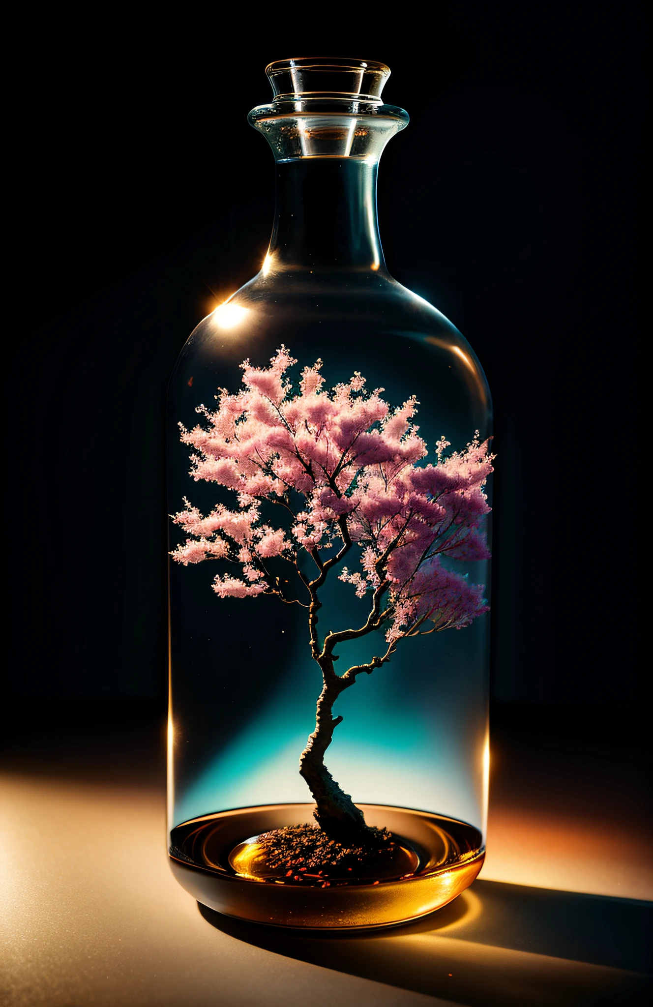 Cherry tree in a bottle, fluffy, realistic, atmospheric light refraction, photographed by lee jeffries, nikon d850 film Stock Photo 4 Kodak portra 400 camera f1.6 lens, rich colors, ultra realistic realistic textures, dramatic lighting, unreal engine trending on artstation cinestill 800, Style-Glass