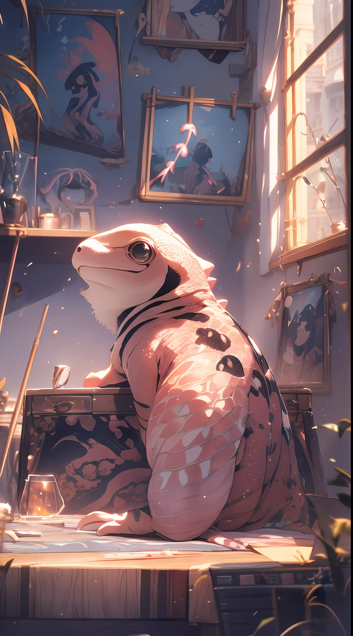 Modern bedroom interior, modern desk, ((with a pink and white salamander on the desk)), ((tentacles on the back of the cheeks)), (tadpole tail), low detail. Digital painting, ultra-detailed skin, detailed creatures, ultra-detailed digital painting, highly detailed digital painting, very detailed digital painting, extremely ultra-detailed, digital painting highly detailed, ultra-detailed painting, ultra-wide angle, CGsociety, fine details. Anime.