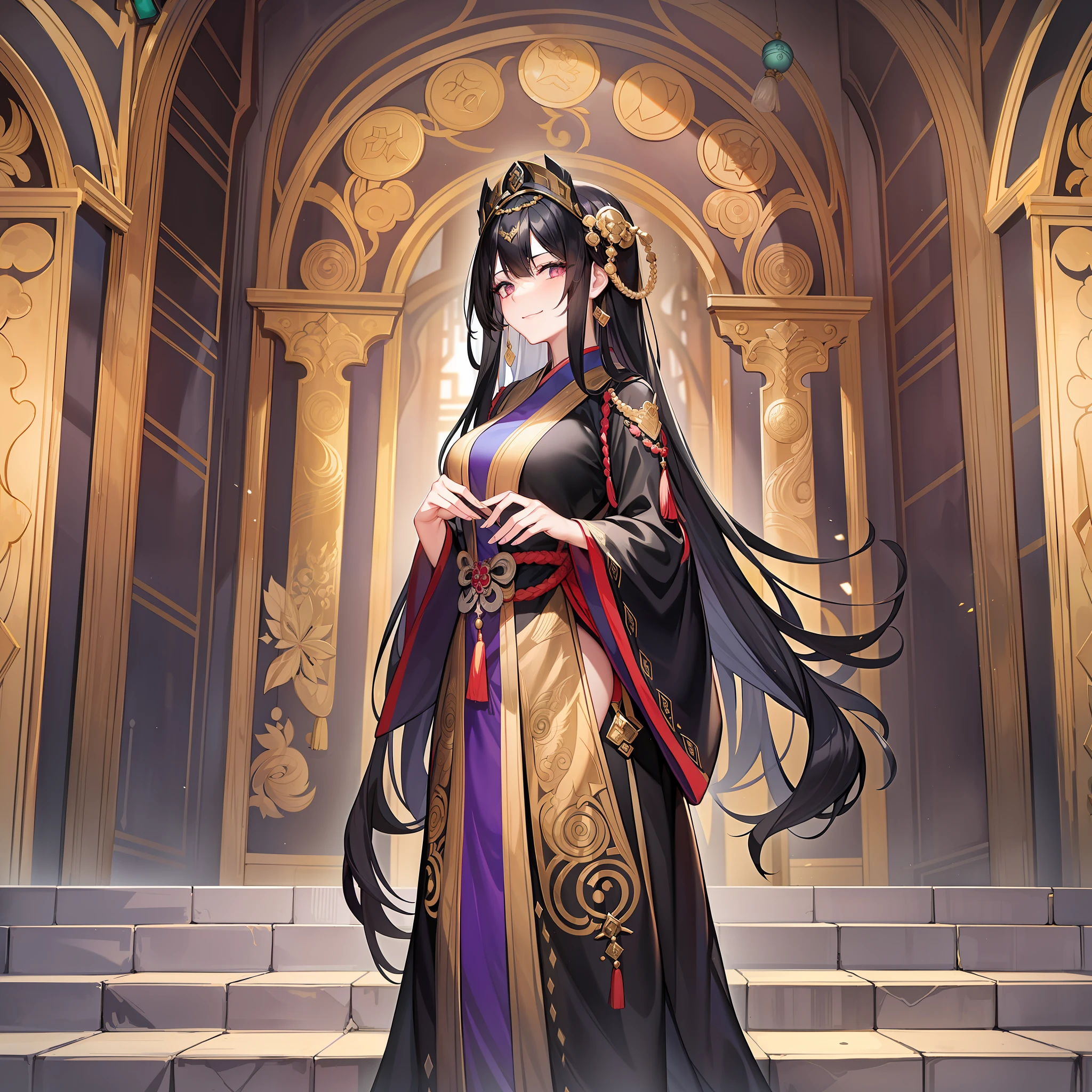 A black-haired female emperor wearing a Daoist robe appeared. Her robe was black with gold patterns embroidered on it, and she stood there, her face cold and proud, making people involuntarily feel a feeling of inviolability. Her eyes are deep and wise, as if she is penetrating everything in the world. Her figure is majestic and elegant, exuding a sacred atmosphere, which makes people stand and admire. The corners of her lips were slightly upturned, with a cold and proud smile, which made people involuntarily feel that she exuded a power that dominated everything.