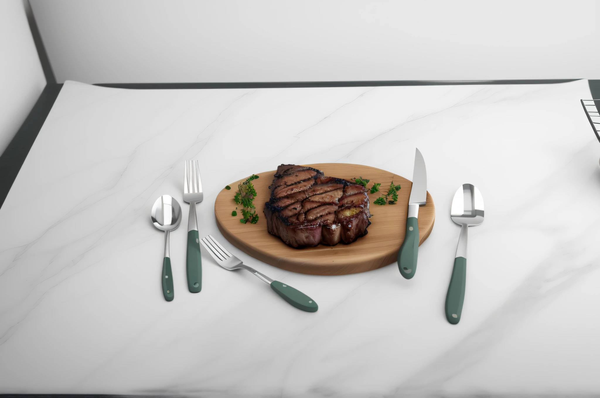 there is a steak on a cutting board with a knife, fork and knife rest, scenic full shot, steak, cutlery, full subject shown in photo, sleek hands, dinner is served, elegant look, fine dining, ready to eat, dramatic shot, looks realistic, very sharp, bone, forks, product photo, seen from straight above, giorgio, gourmet