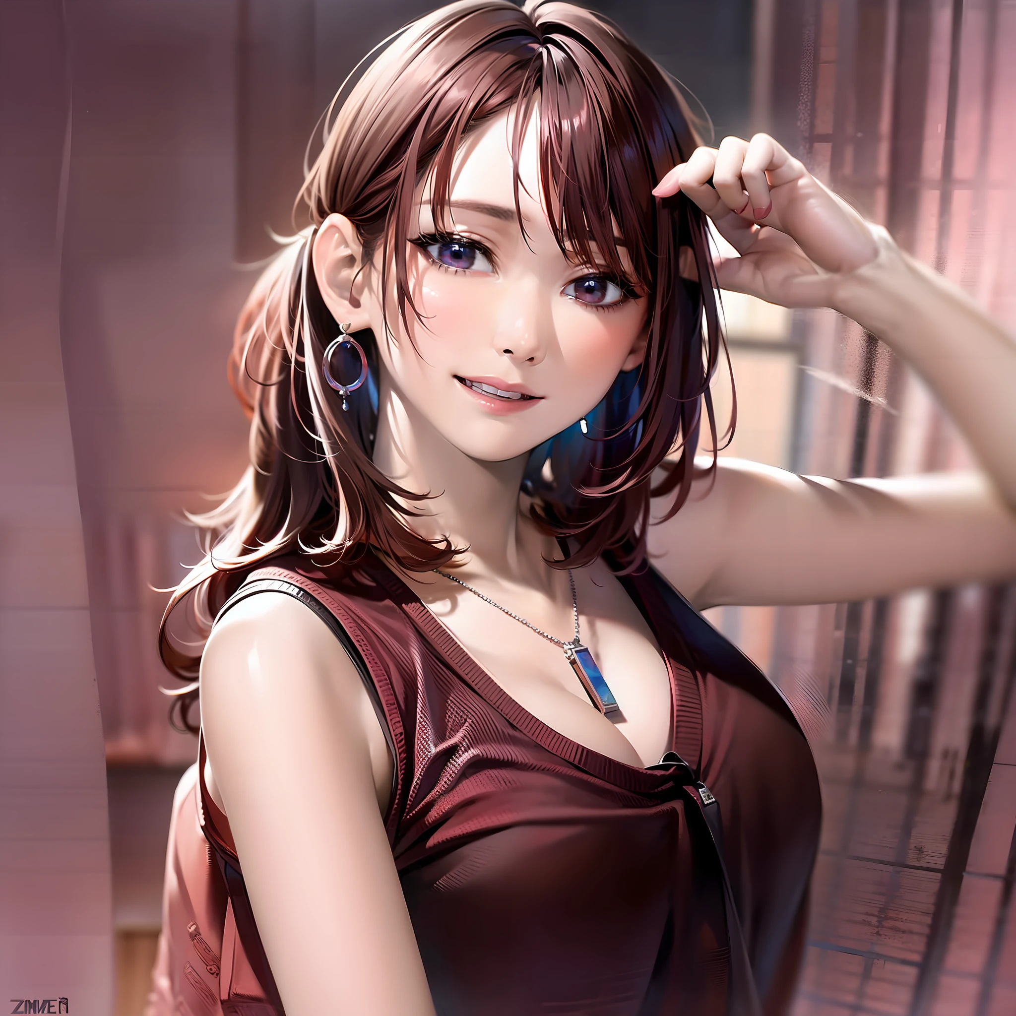 Masterpiece, Masterpiece, (1 woman: 1.8), one_eye_closed, Zombie, Pink skin, Brown hair, Red bristles, Teeth, Small earrings, Small necklace, Night Ruins, Cleavage, Tank Top