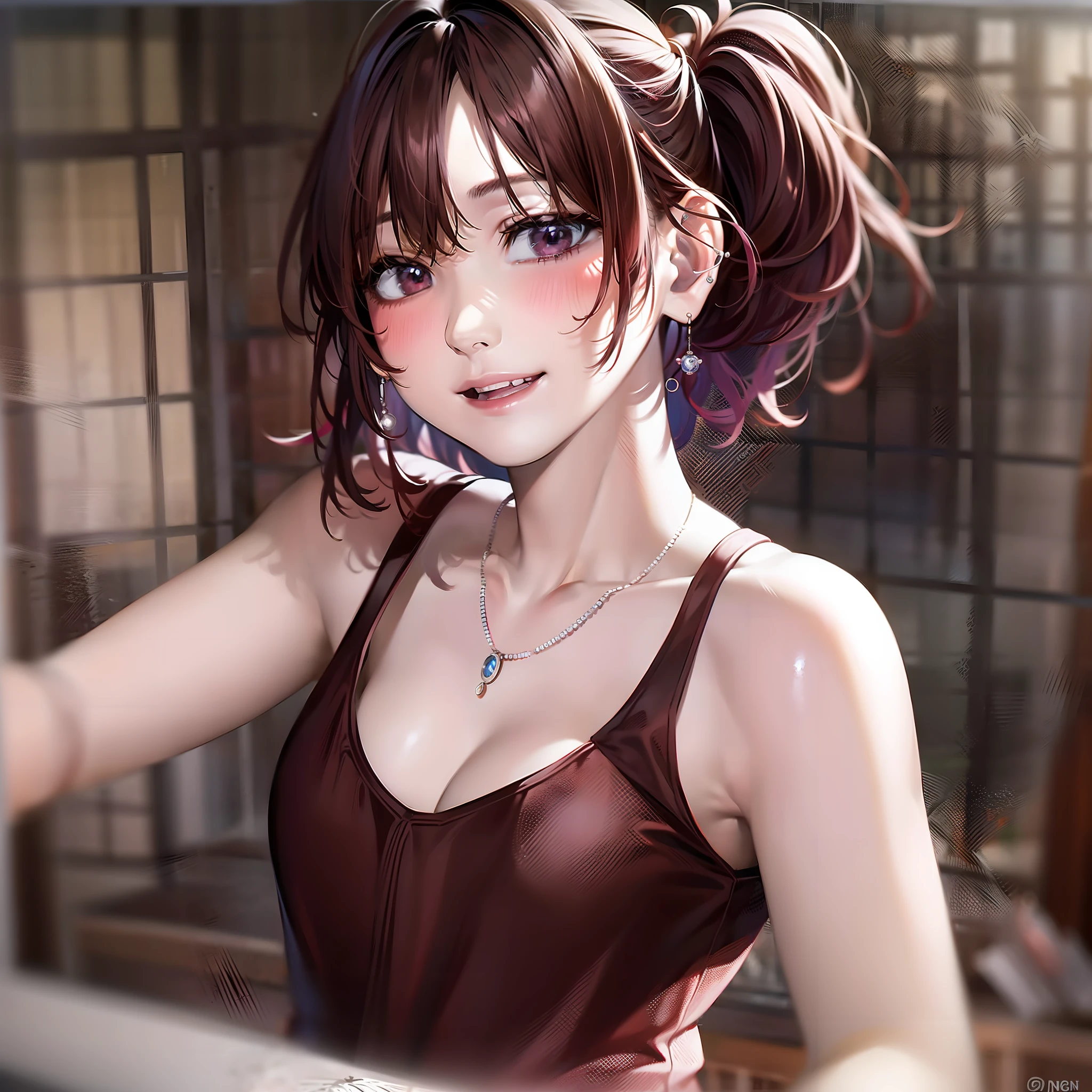 Masterpiece, Masterpiece, (1 woman: 1.8), one_eye_closed, Zombie, Pink skin, Brown hair, Red bristles, Teeth, Small earrings, Small necklace, Night Ruins, Cleavage, Tank Top