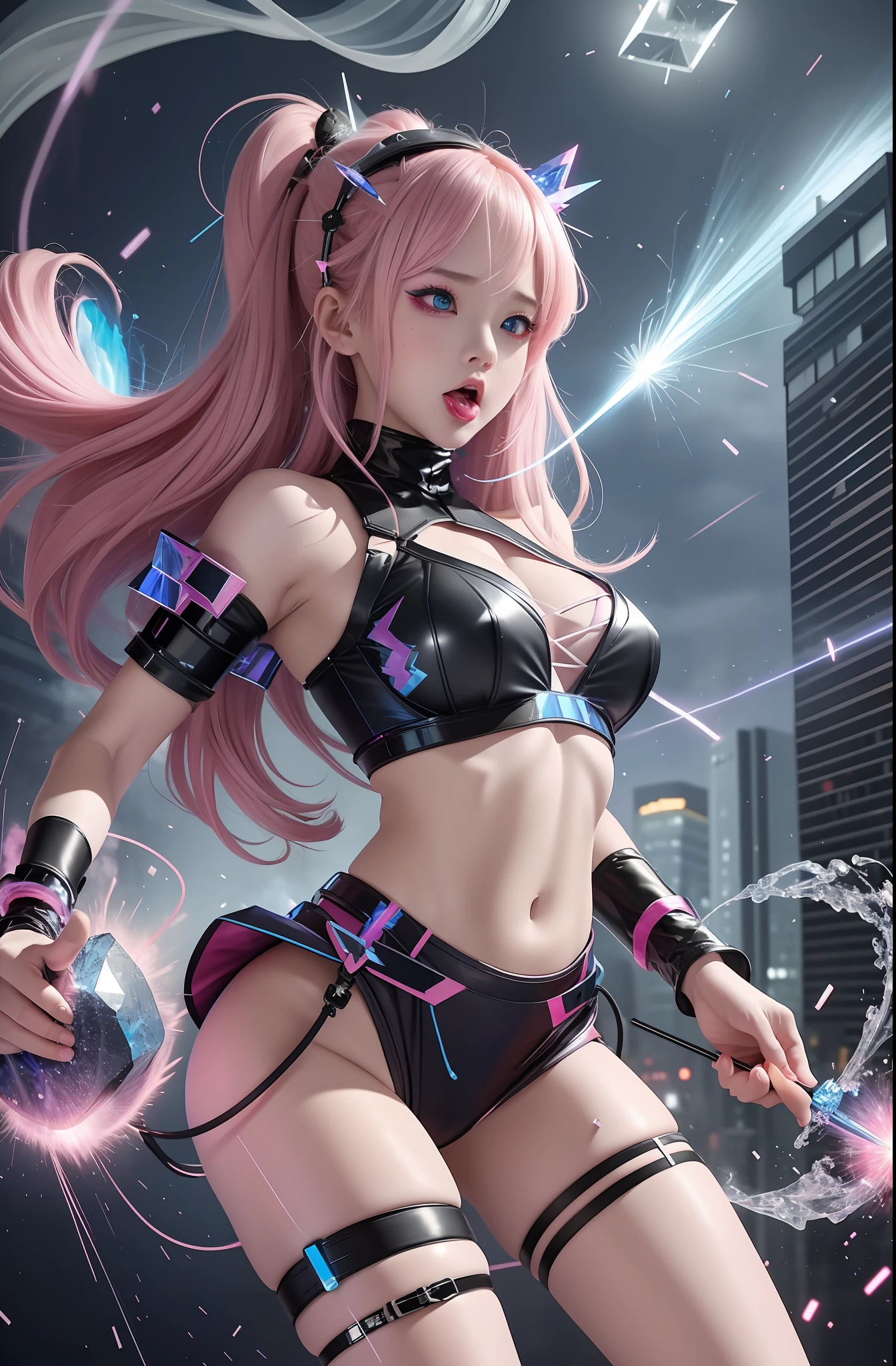 Masterpiece, top quality, pink hair, blue lightning, blue clothes. Blue Thunder. Blue crystal. Black suspended particles. Black smoke. Black crystals around. Black smoke wafts around. Warping the body. Warping the body. Stick out your tongue. Open mouth. Sweat. Bra without strings. Miniskirt. Cross-eyed.