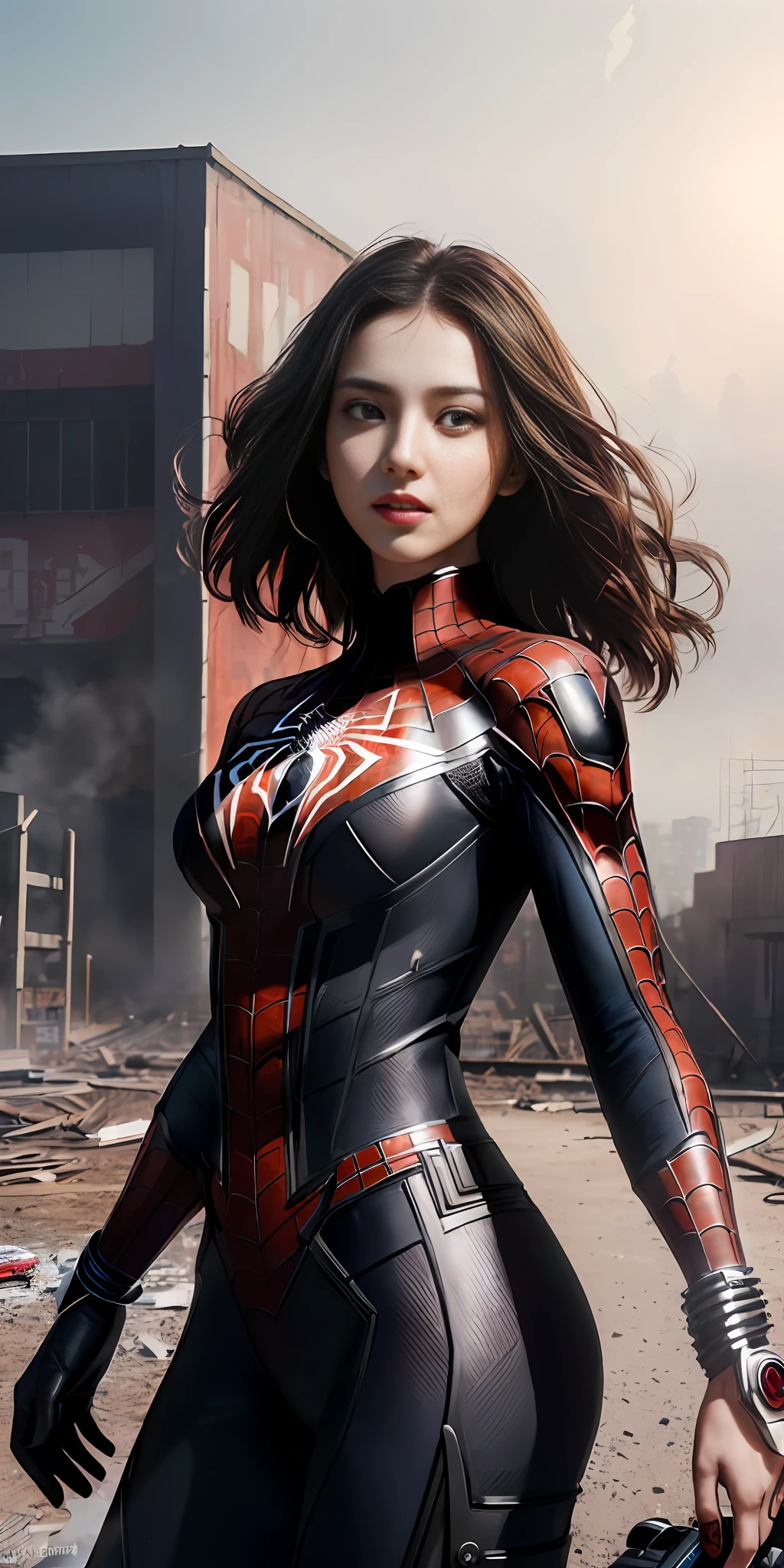 (1girl:1.3), solo, (((extremely detailed face))),(((extremely detailed eyes and face))),beautiful detailed eyes,body-parts__, official art, unified 8k wallpaper, super detailed, beautiful and aesthetic, beautiful, masterpiece, best quality, raw, masterpiece, super fine photo, best quality, super high resolution, photorealistic realism, sunlight, full body portrait, amazing beauty,, dynamic pose, delicate face, vibrant eyes, (from the front), she is wearing a Spider-man suit, red and black color scheme, spider, very detailed abandoned warehouse background, Detailed face, detailed complex busy background, messy, gorgeous, milky white, highly detailed skin, realistic skin details, visible pores, sharp focus, volumetric fog, 8k uhd, DSLR, high quality, film grain, fair skin, photo realism, lomography, huge metropolis in future dystopia, seen from below, translucent