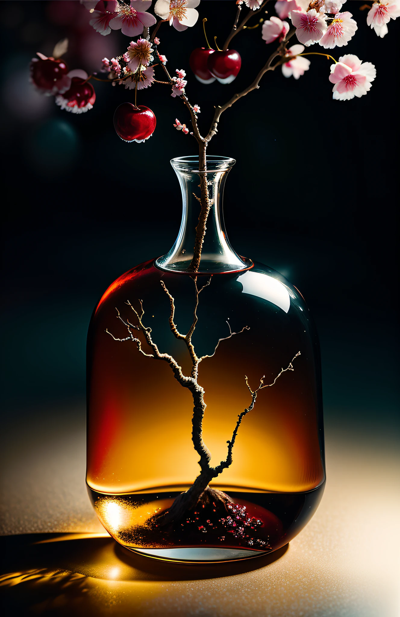 Cherry tree in a bottle, fluffy, realistic, atmospheric light refraction, photographed by lee jeffries, nikon d850 film Stock Photo 4 Kodak portra 400 camera f1.6 lens, rich colors, ultra realistic realistic textures, dramatic lighting, unreal engine trending on artstation cinestill 800, Style-Glass
