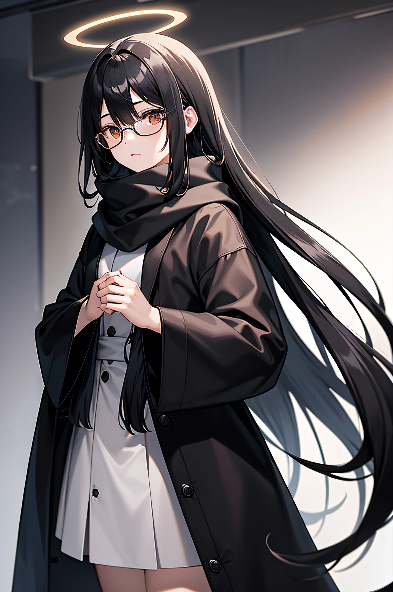 Black hair, long hair, straight hair, amber eyes, expressionless, halo, ultra hd, masterpiece, best picture quality, gray scarf, gray-black coat, glasses