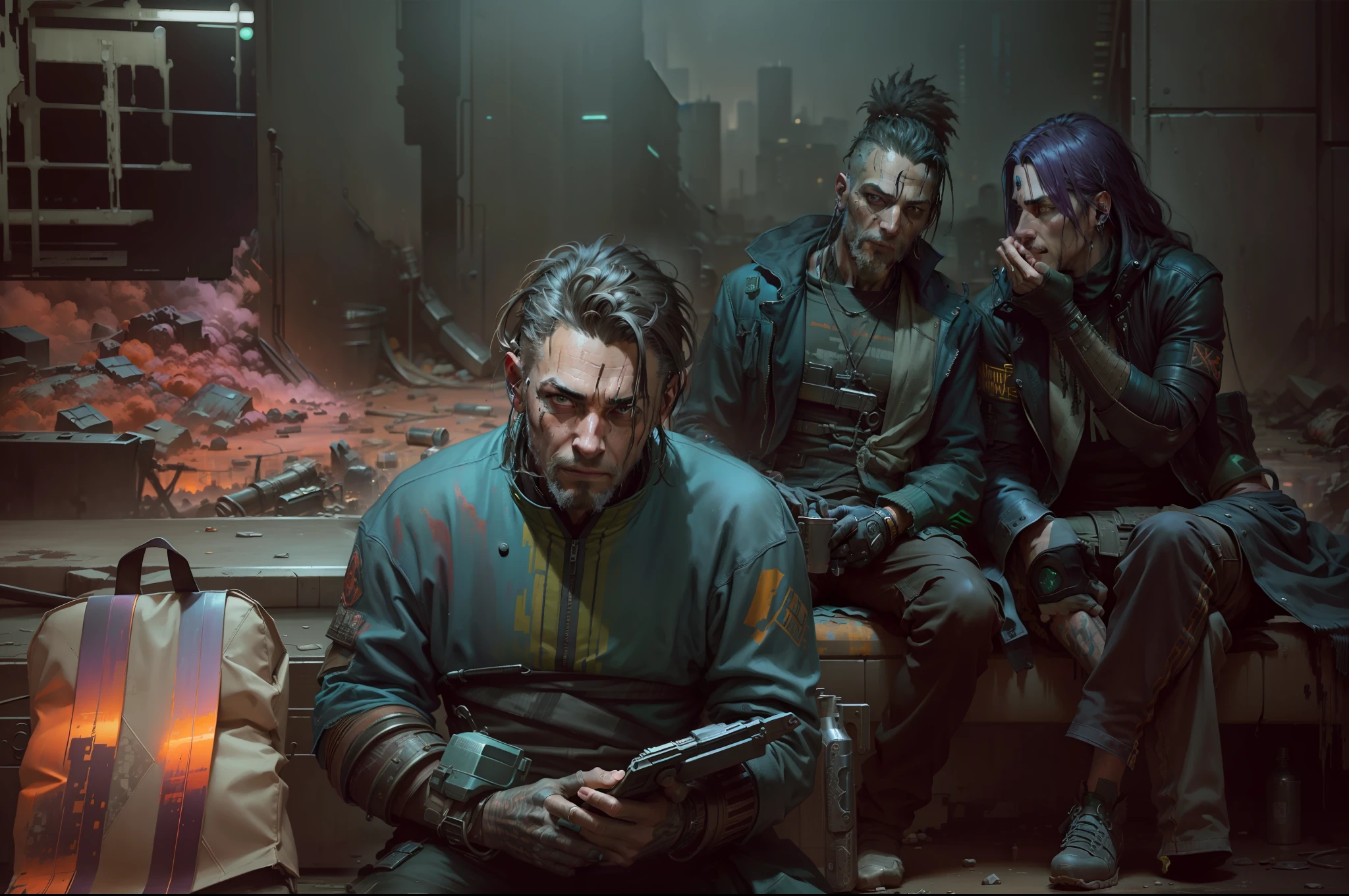 (masterpiece) highly detailed RAW, a post-apocalyptic man, cyberpunk city themed rainbow vivid, hassanfantasy style, by Jeremy Mann and Donato Giancola ultra realistic highly detailed intricate photorealistic