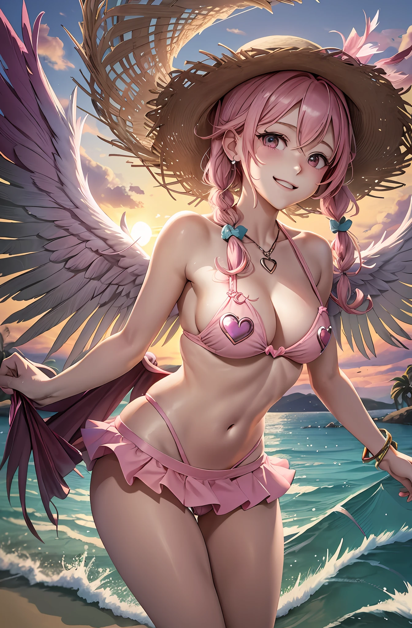 Pink hair. Pigtails. Miniskirt. Earring. Angel wings. Naked. Infant. Heart-shaped vacant chest. Heart logo. Smile. Sunset beach. Straw hats. White wings.