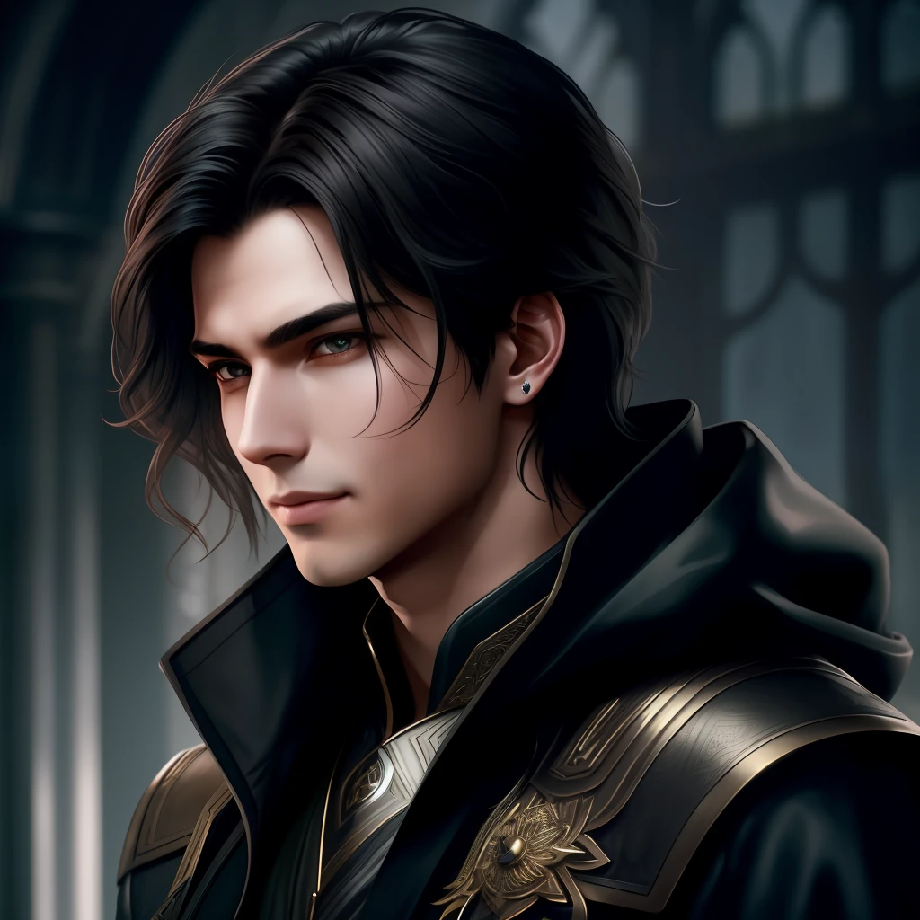 (exceedingly detailed CG unity 8k wallpaper, masterpiece, best quality, ultra-detailed), dynamic pose, a stunning and handsome young man with an alluring hood, (dark hair, a hint of a smile, piercing eyes), dramatic shadows, gloomy atmosphere.