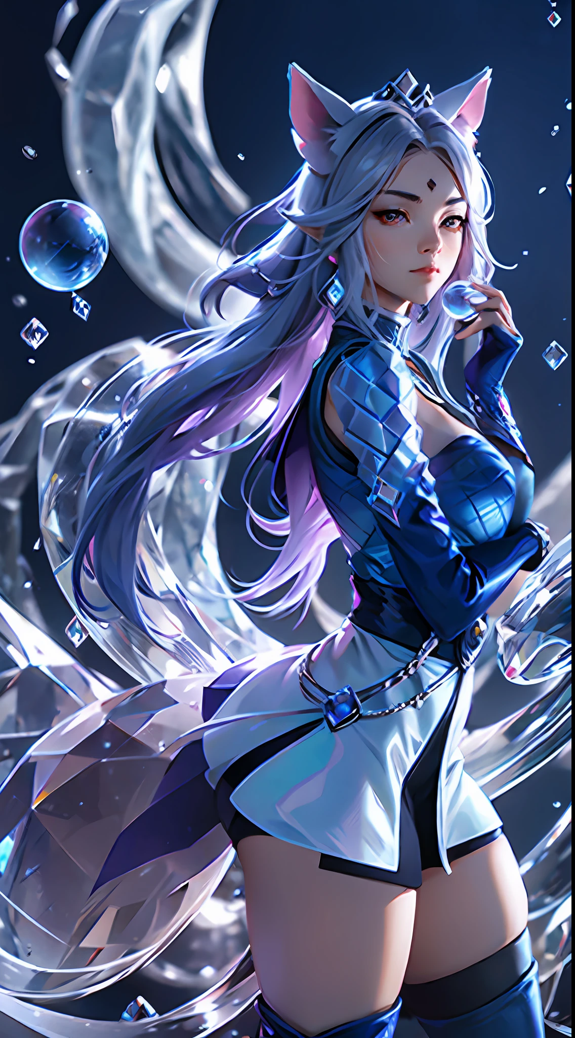 tiara, sailor senishi uniform, blue sailor collar, perfect face knee boots, white gloves, elbow gloves, jewelry, earrings, blue skirt, cowboy shooting, sphere, crystal ball, 1 girl water jade tree water, a beaver, a fox \ (League of Legends), K/DA\ (League of Legends), animal ears, face markings, fox ears, fox tail, orange eyes, multiple tails, tail,