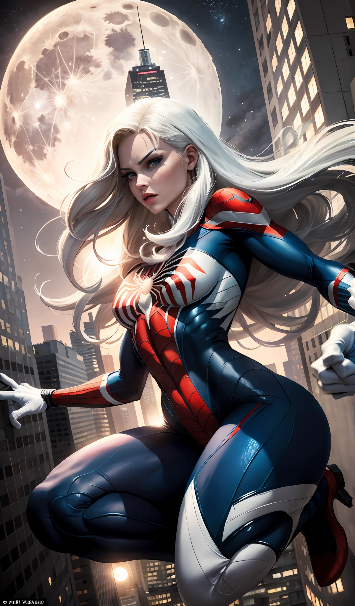 (Masterpiece, 4k resolution, ultra-realistic, very detailed), (White superhero theme, charismatic, there's a girl on top of town, wearing Spider-Man costume, she's a superhero), [ ((25 years), (long white hair:1.2), full body, (blue eyes:1.2), ((Spider-Man pose),show of strength, jumping from one building to another), ((sandy urban environment):0.8)| (cityscape, at night, dynamic lights), (full moon))] # Explanation: The Prompt mainly describes a 4K painting of ultra-high definition, very realistic, very detailed. It shows a superheroine at the top of the city, wearing a Spider-Man costume. The theme in the painting is a white superhero theme, the female protagonist has long white hair, is 25 years old and her entire body is shown in the painting. In terms of portraying the actions of superheroines, spiders are employed