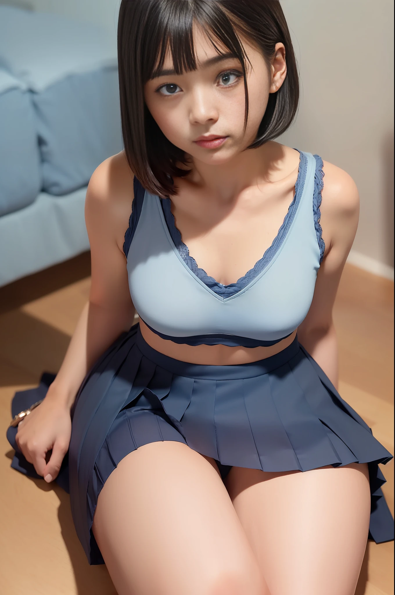 (RAW Photos: 1.2), (Photorealistic: 1.4), (Masterpiece: 1.3), (Best Quality: 1.4), Ultra High Resolution, (Detailed Eye Features), (Detailed Facial Features), (Detailed Clothing Features), PT, 8K Resolution, Solo Focus, Bangs, Skin Tight, (Shiny Skin), (Slender Beautiful Girl), Ultra-Realistic Photos, Underwear, Love Hotel, ((Japan People)), Bob cut, straight hair, black hair, brown eyes, 1 girl, full body, (((cute -yeld gi), ((round face)), ((light blue cute bra)), ((light blue cute pants)), funny expression, thin legs, slender, B cup, ((short stature)), ((round face)), (girl), sitting on the sofa, double, small, (((navy blue pleated skirt)), (((open legs)), Do not accessorize, ((open knees)), drooping eyes, ((show undershirt)), ((panchira)), ((hands behind the body)).