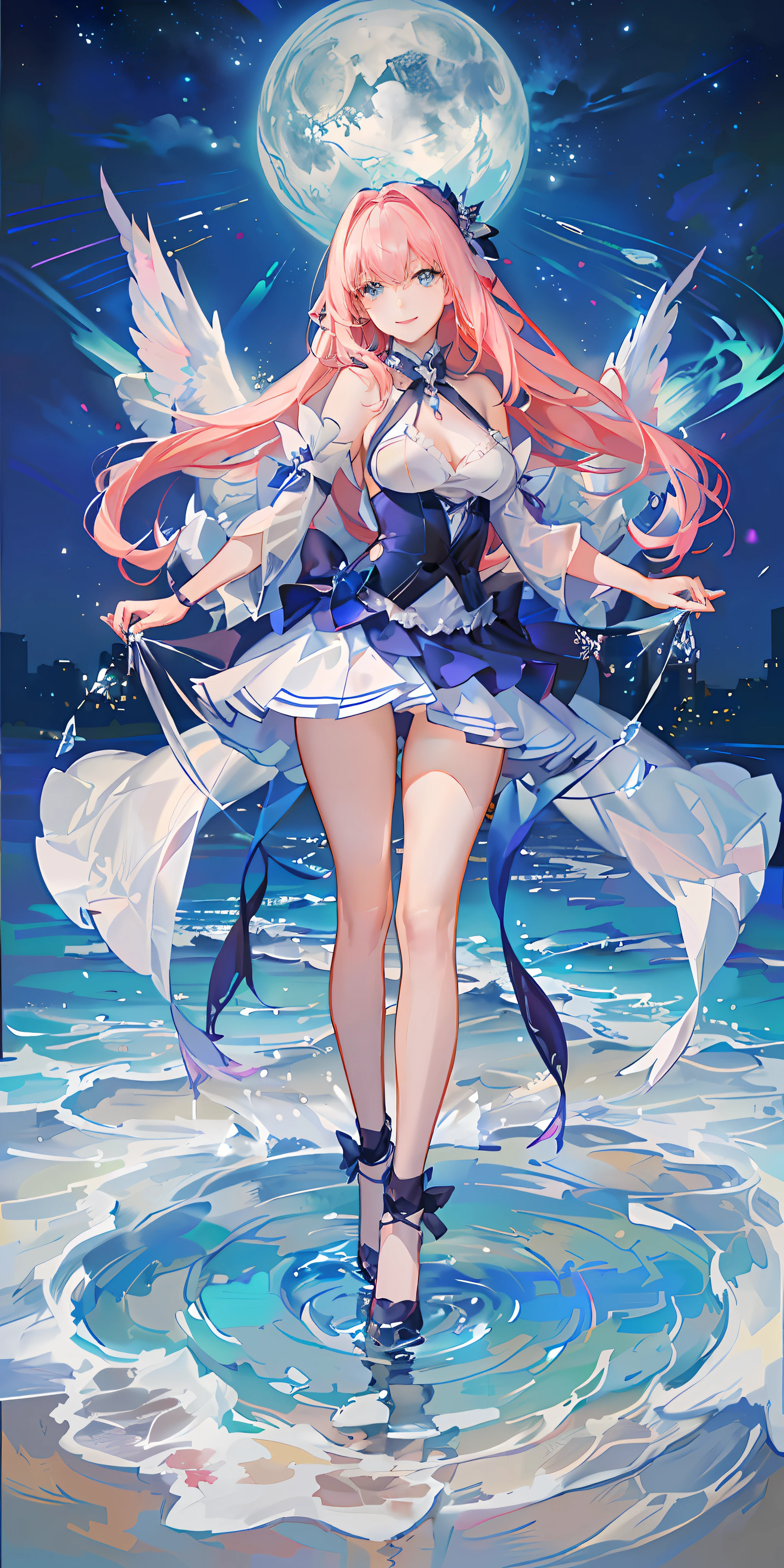 official art, masterpiece, sharp focus, (beautiful gorgeous cute european: 1.3), (beautiful cute european: 1.3), european beauty, delicate and beautiful hair, eyes and face, realistic, super detailed, beautiful girl, blue sky, glow white particle, (side lighting: 1.2), sunlight, white cloud, detailed clouds, slim, beautiful extra-large breasts and very large hips, smile with teeth, ((smile with eyes, open both eyes)), decorations, long straight hair, sexy facial expression, building, (cityscape: 1.7), dynamic hair, long straight hair, detailed platinum pink hair, glowing blue eyes, (blue pleated shirts + white skirt), white long socks, pale skin, hair decoration, epic landscape.