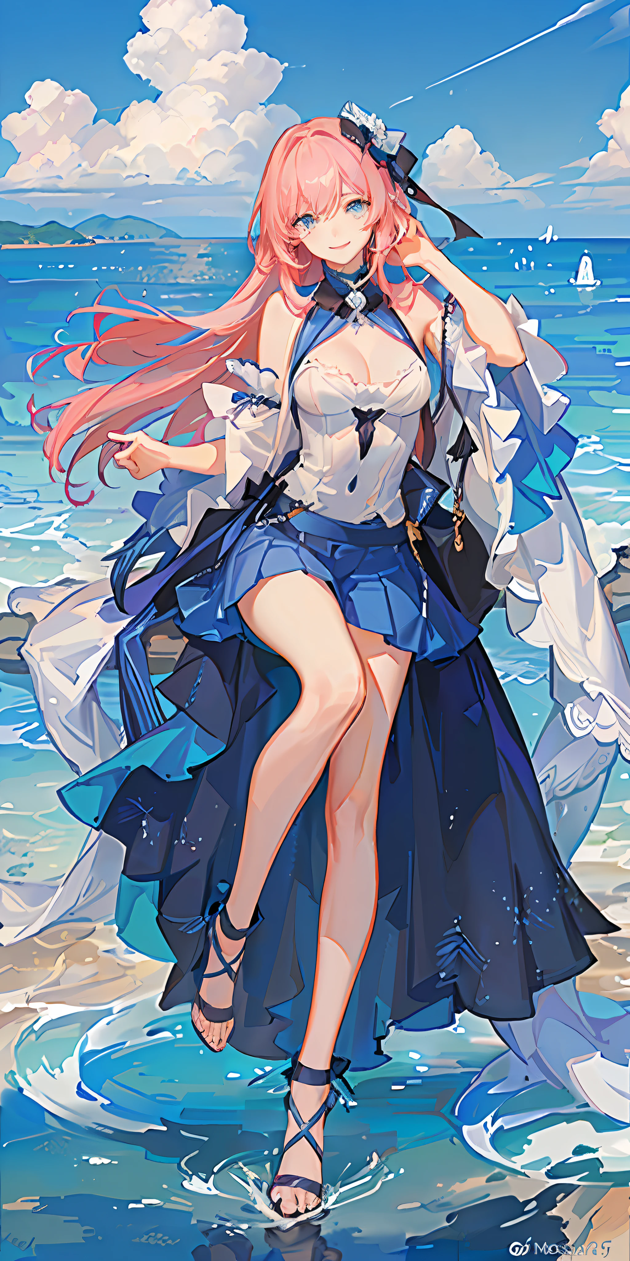 official art, masterpiece, sharp focus, (beautiful gorgeous cute european: 1.3), (beautiful cute european: 1.3), european beauty, delicate and beautiful hair, eyes and face, realistic, super detailed, beautiful girl, blue sky, glow white particle, (side lighting: 1.2), sunlight, white cloud, detailed clouds, slim, beautiful extra-????????????? and very large ????, smile with teeth, ((smile with eyes, open both eyes)),  decorations, long straight hair, ???? facial expression, building, (cityscape: 1.7), dynamic hair, long straight hair, detailed platinum pink hair, glowing blue eyes, (blue pleated shirts + white skirt), white long socks, pale skin, hair decoration, epic landscape.