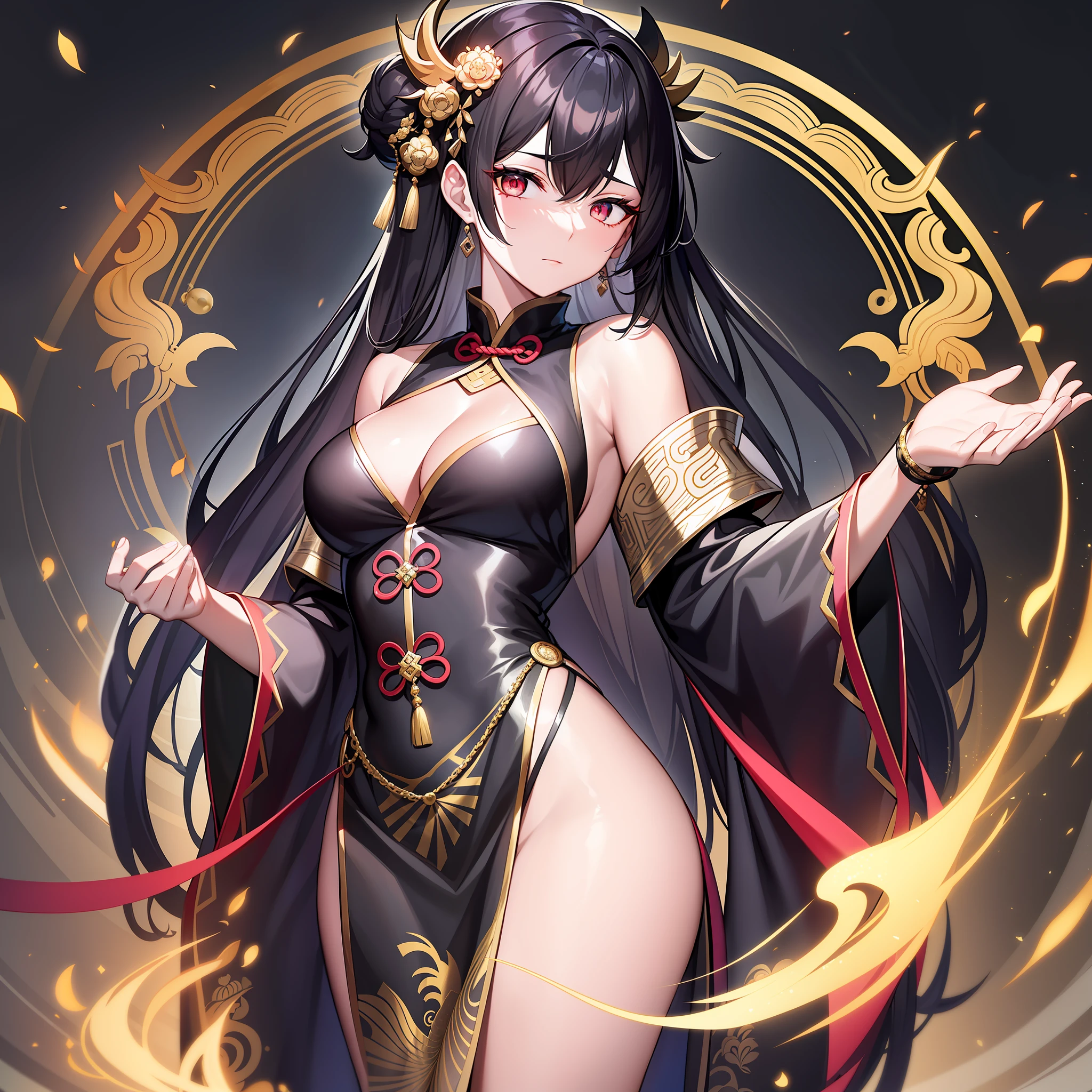 A black-haired female emperor wearing a Daoist robe appeared in front of him. She was wearing a gorgeous black Taoist robe, with golden patterns embroidered on the robe, her tall posture, handsome face, and majestic and cold eyes, which made people involuntarily produce a deep sense of awe. Her eyes are deep and sharp, as if they can penetrate people's souls. Her voice is low and sonorous,