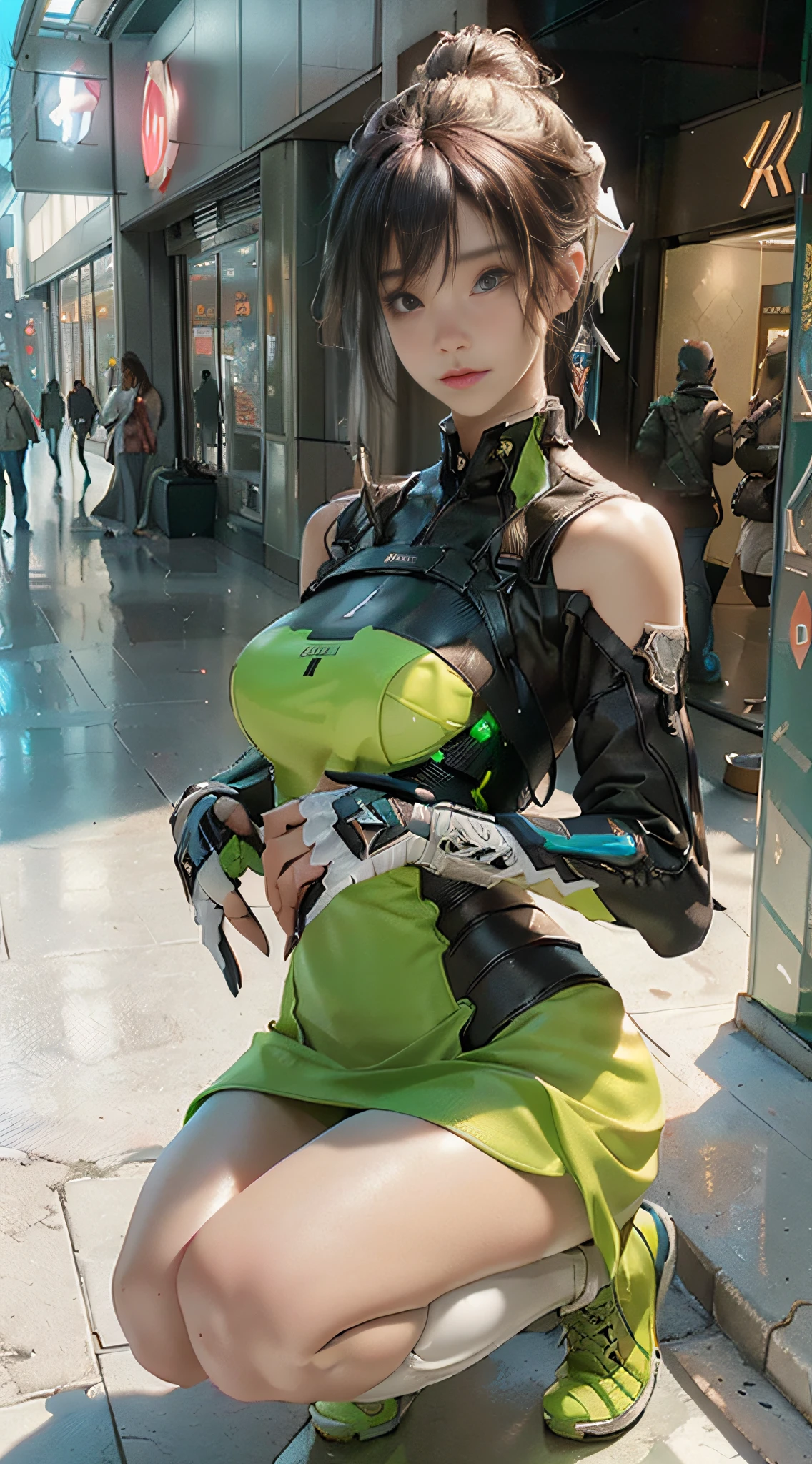 ((Best Quality)), ((Masterpiece)), (Detail: 1.4), 3D, A Beautiful Cyberpunk Female Figure, Light Makeup, Big, Squatting on the Ground, Street Photography, Shopping Mall, HDR (High Dynamic Range), Ray Tracing, NVIDIA RTX, Super-Resolution, Unreal 5, Subsurface Scattering, PBR Texture, Post Processing, Anisotropic Filtering, Depth of Field, Maximum Sharpness and Sharpness, Multi-layer Texture, Albedo and Highlight Maps, Surface Coloring, Accurate Simulation of Light-Material Interactions, Perfect Proportions, Octane Render, Two-color Light, Large Aperture, Low ISO, White Balance, Rule of Thirds, 8K RAW,