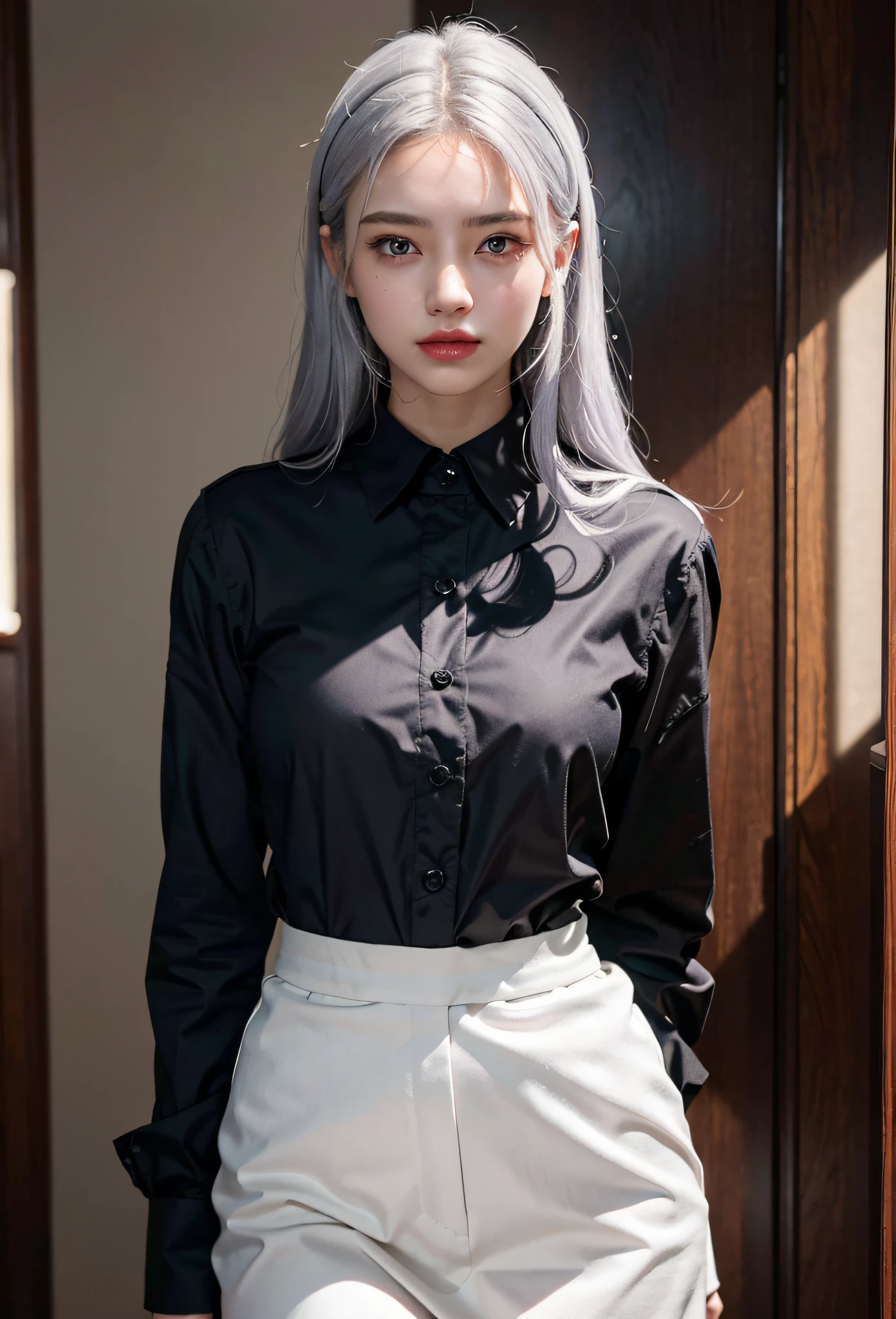 1 girl, beautiful vintage color, Instagram (photorealistic, high resolution: 1.4), staring viewer ((puffy eyes)), full body (8k, RAW photo, highest quality, masterpiece: 1.2), (realistic, photorealistic): 1.37), (sharp focus: 1.2), professional lighting, photon mapping, Radiosity, Physically Based Rendering, (White Skin: 1.2), (Small: 1.2), Viewer's Gaze, (Middle Hair: 1.5), Portrait, Purple Eyes, (Silver Hair: 1.1), Bangs, (Simple Background: 1.4), Solo, Upper Body, Realistic, (Masterpiece: 1.4), (Best Quality: 1.4), (Glossy Skin), Fashion Girl, Makeup, Smile (Skinny, Mouth Closed, Shy: 1.3) , (Standing, Black Stewardess Uniform, Necromancer: 1.1), Medium Bust, Office Lady